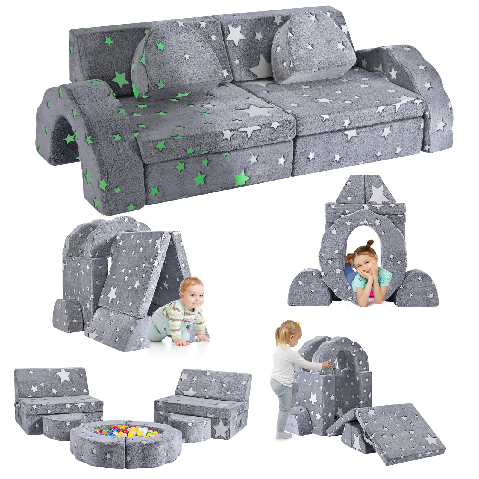 Kindersofa, aus Schaumstoff-Bausteinen, weicher Flanellstoff, Spielsofa für Kinder, 3 Farben, 5 Designs zur Auswahl, bestehend aus 10 Teilen für den Schlafbereich und das Spielzimmer (Sternenlicht)