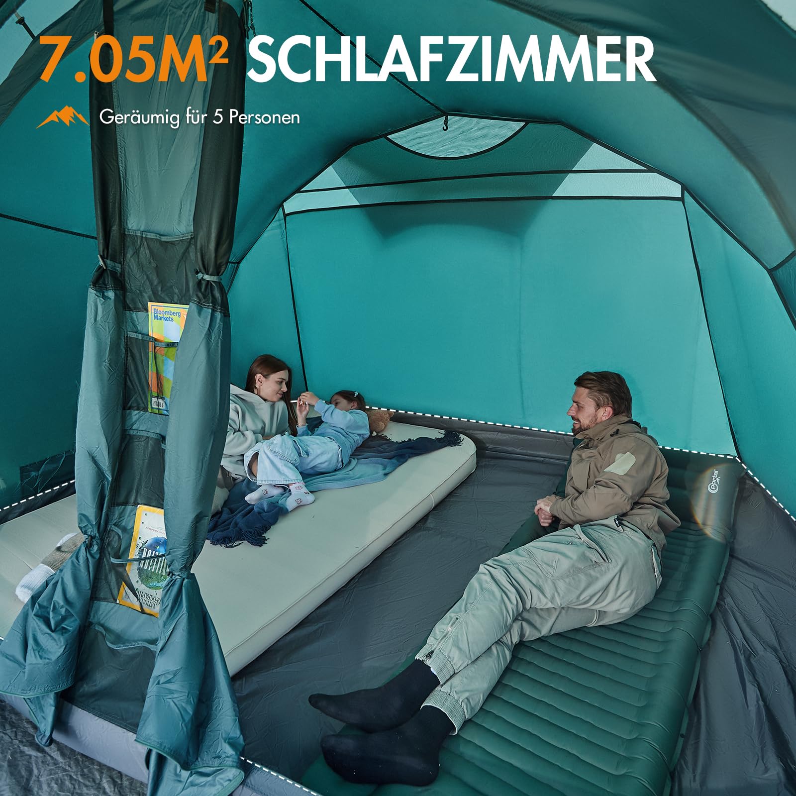 PORTAL Zelt 5 Perosonen Luxus Camping Zelt Wasserdicht 3000mm mit 2m Stehhöhe Vorzelt Bodenwanne Fenster 4-5 Mann 4Plus Tunnelzelt Familienzelt Festivalzelt für Camping Reise Trekking Garten