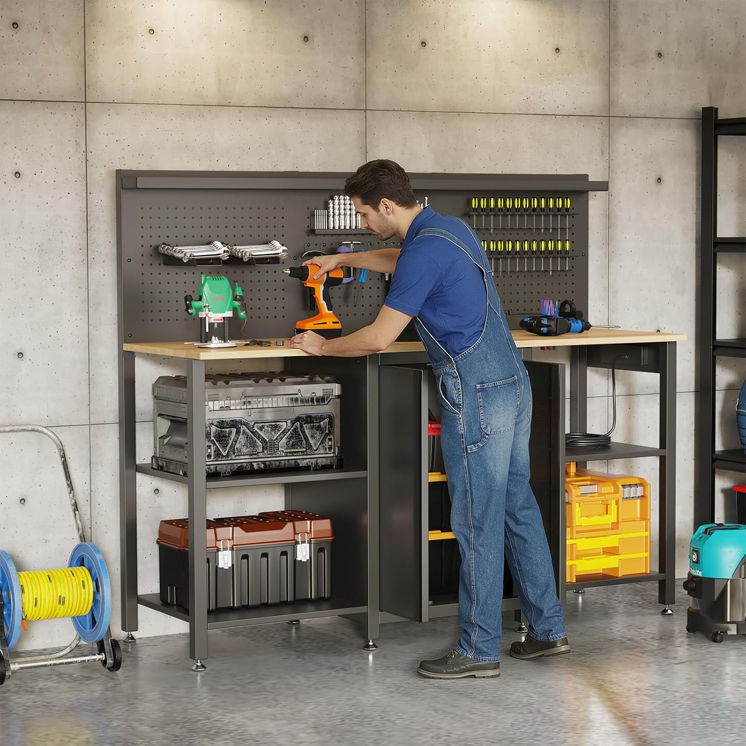 60’’ Workbench and Garage Cabinet Storage System 2000LBS Heavy Duty Work Bench Table with Top Storage Panel Wrench Holder Hammer Rack Hooks Screwdriver Rack Charge Station Tool Organizer