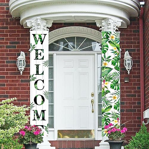 Miniatura 5 de Rumia Tropical Luau - Cartel de bienvenida con diseño de hojas verdes, poliéster, resistente a desgarros, montaje en poste, decoraciones al aire