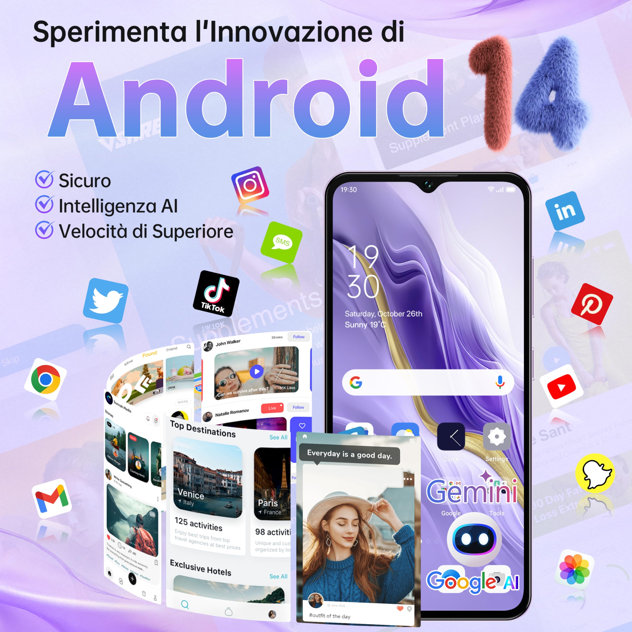 OUKITEL C2 Smartphone Android 14-16(4+12) GB RAM + 64GB ROM/TF 1TB - 6,52" HD Telefono Cellulare 5000nAh 13MP+5MP Camera Telefono Dual SIM 4G Cellulari e Smartphone /3.5mm Jack/Face ID/OTG Viola
