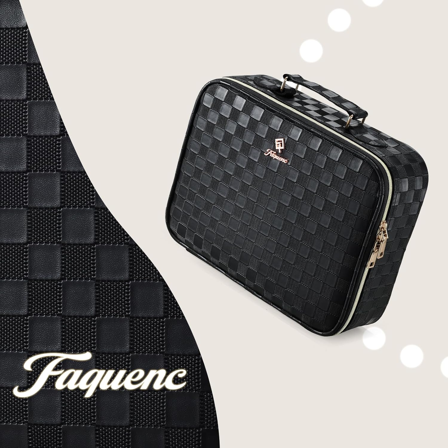 Faquenc Makeup Bag with LED Lighted Mirror 12.2 IN Travel Makeup Bag Adjustable Brightness in 3 Colors Cosmetic Organizer Artist Storage Bag with Dividers Brush Holder Bag Vanity Black Checkerboard