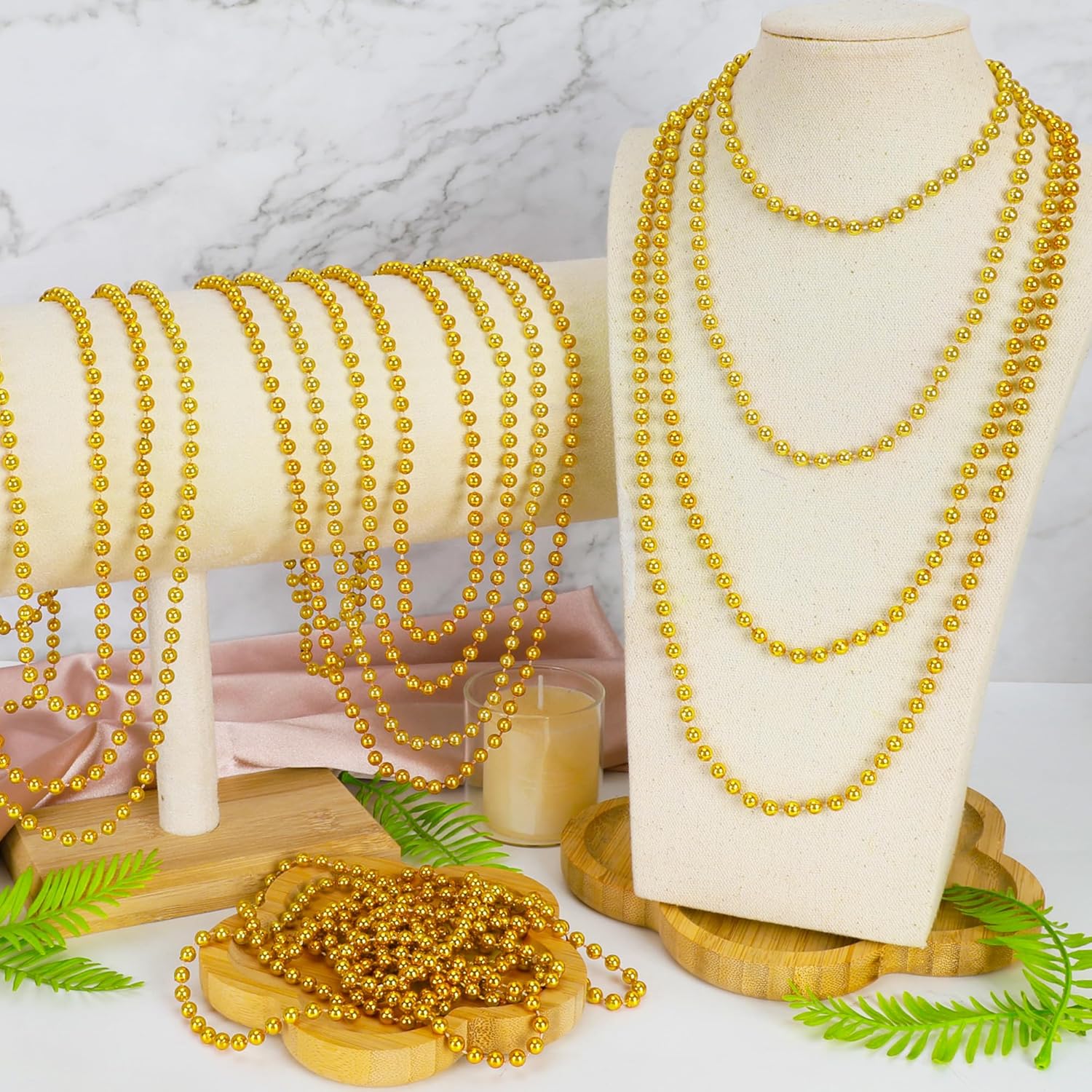 100 PCS Mardi Gras Beads, 33" Gold Beads Necklaces, St Patricks Day Beads Necklaces Bulk, Round Beaded Parade Throw Accessories Set, Gold Beads for Carnival Party Supplies - Image 4