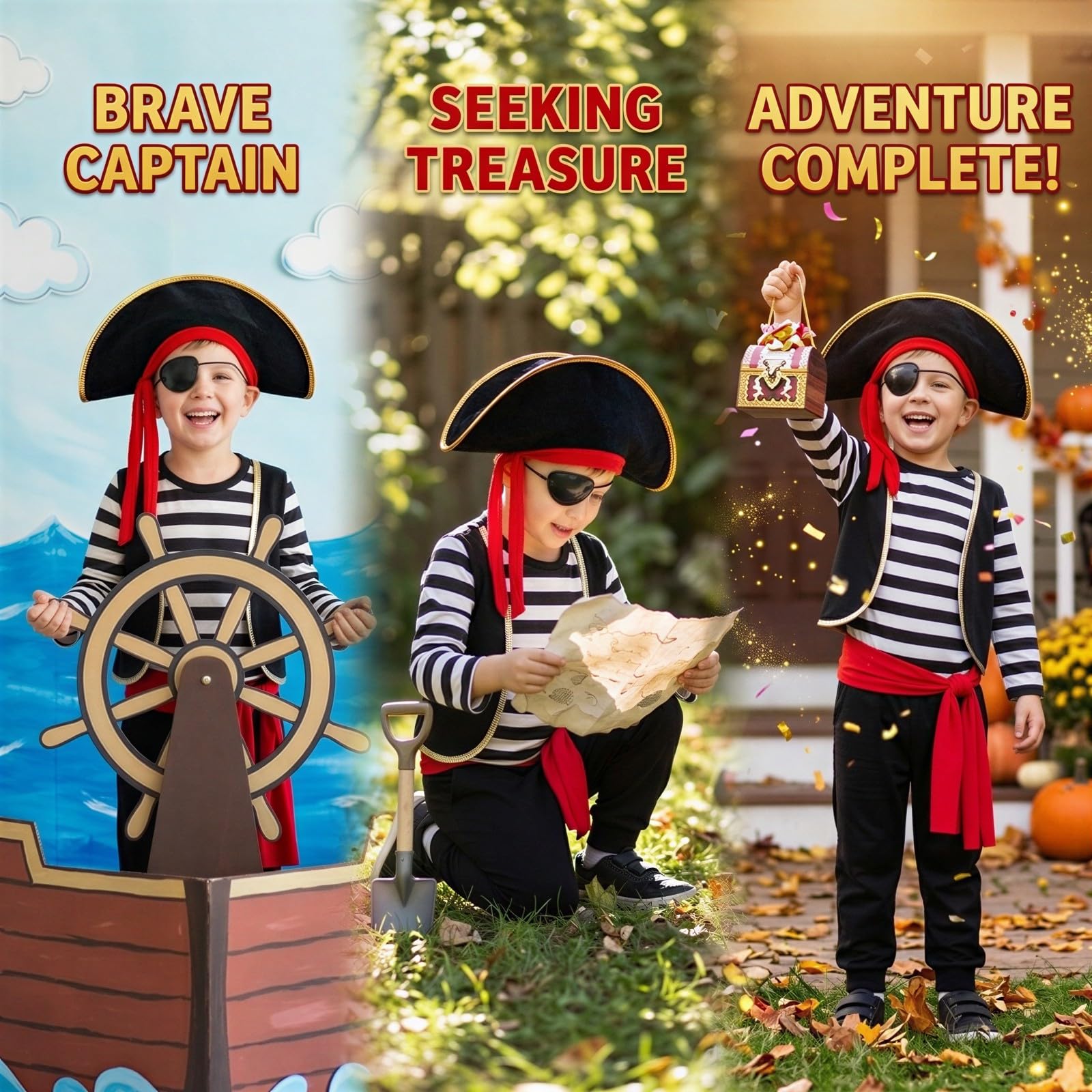 Piratenkostüm für Jungen, gestreiftes Shirt, Weste und Jumpsuit Set, mit Hut und Augenklappe, für Halloween, Party und Rollenspiel