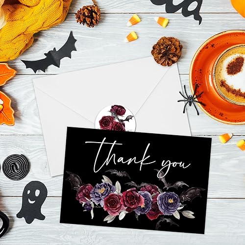 Miniatura 5 de AnyDesign - Paquete de 25 tarjetas de felicitación florales de agradecimiento, tarjetas de invitación de murciélago de flores de Halloween, tarjetas
