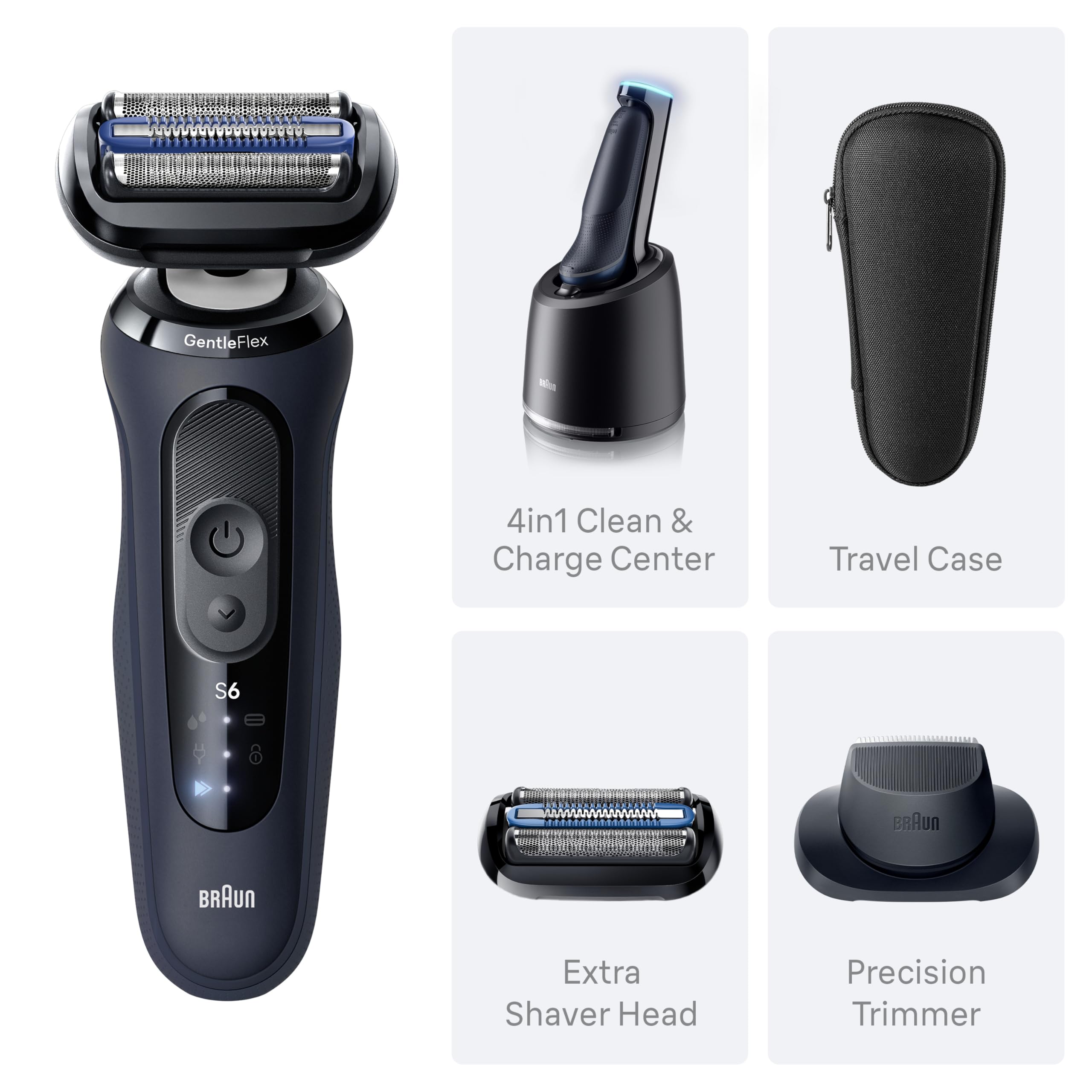 Braun Electric Razor for Men Series 6 with Precision Trimmer, Extra Shaver Head, 4-in-1 Clean & Charge Center, Travel Case, S6 6177ps