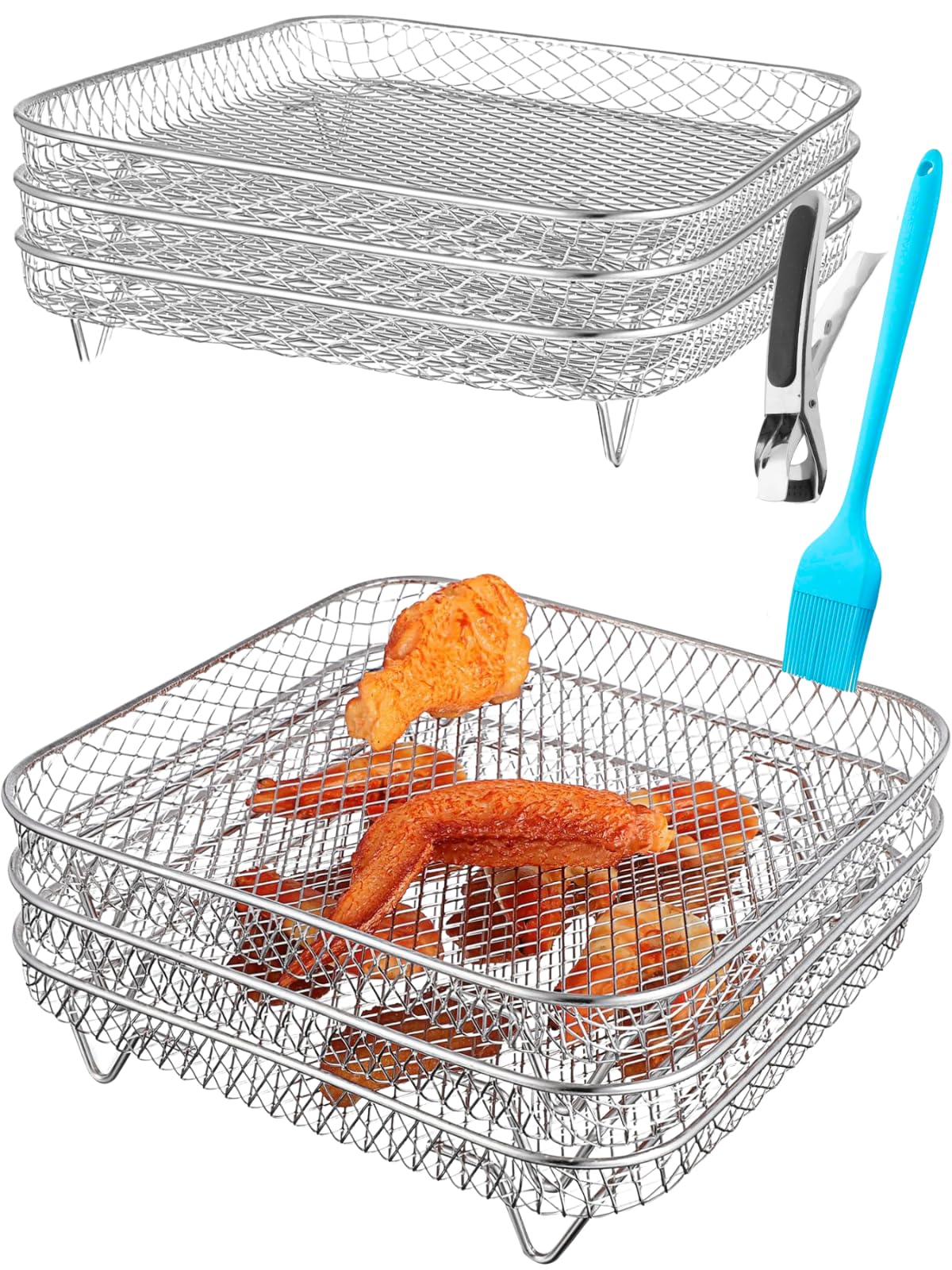 Three Stackable Dehydrator Racks for Ninja, Instant Pot Vortex, COSORI, CHEFMAN, Gowise, Ultrean, Gourmia - 304 Stainless Steel Grill Rack Fits 4.2-5.8 QT Air Fryer, Oven Air Fryer Accessories