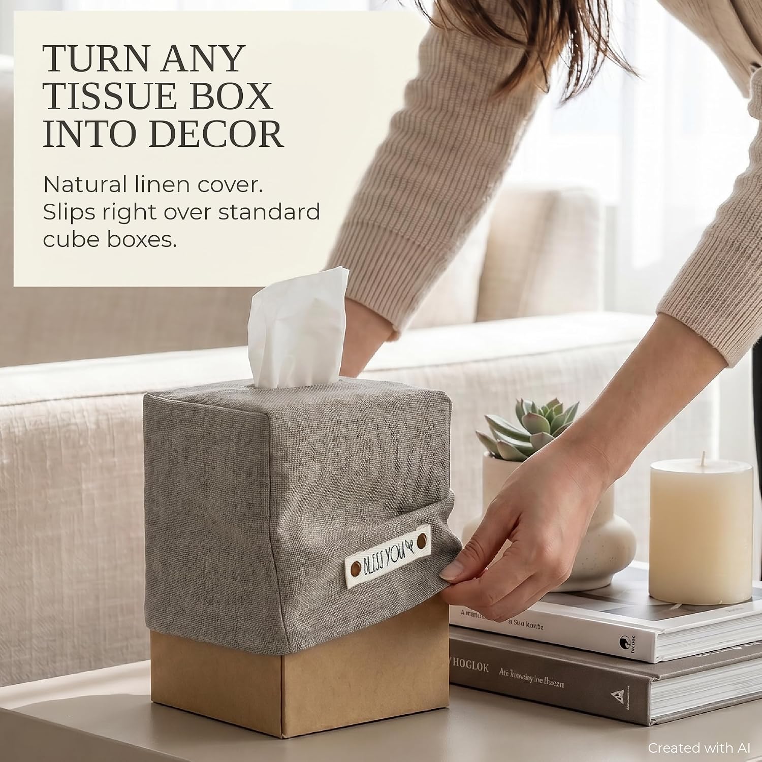 Stylish Tissue Box Cover - Gray Linen Holder for Square Tissue Boxes image 3