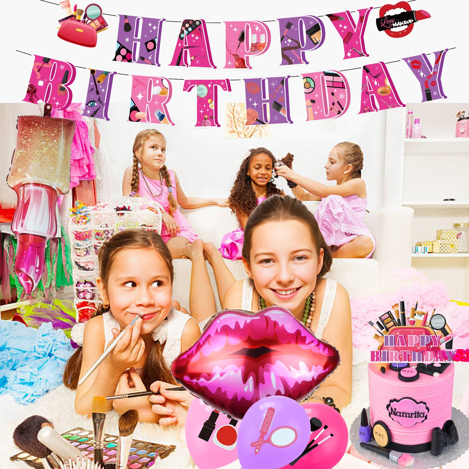 Set Completo Di Decorazioni Per Festa A Tema Trucco E Spa - Striscione, 18 Palloncini, Toppers Per Torta E Cupcake - Ideale Per Compleanno Ragazze, Baby Shower, Feste Rosa - 4