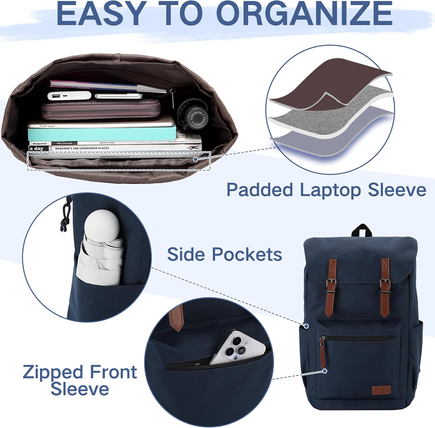 VASCHY Backpack for Men, Water Resistant High School Backpack Travel Carry-on Anti-theft Casual Daypack for Work Business Hiking Navy - Image 6