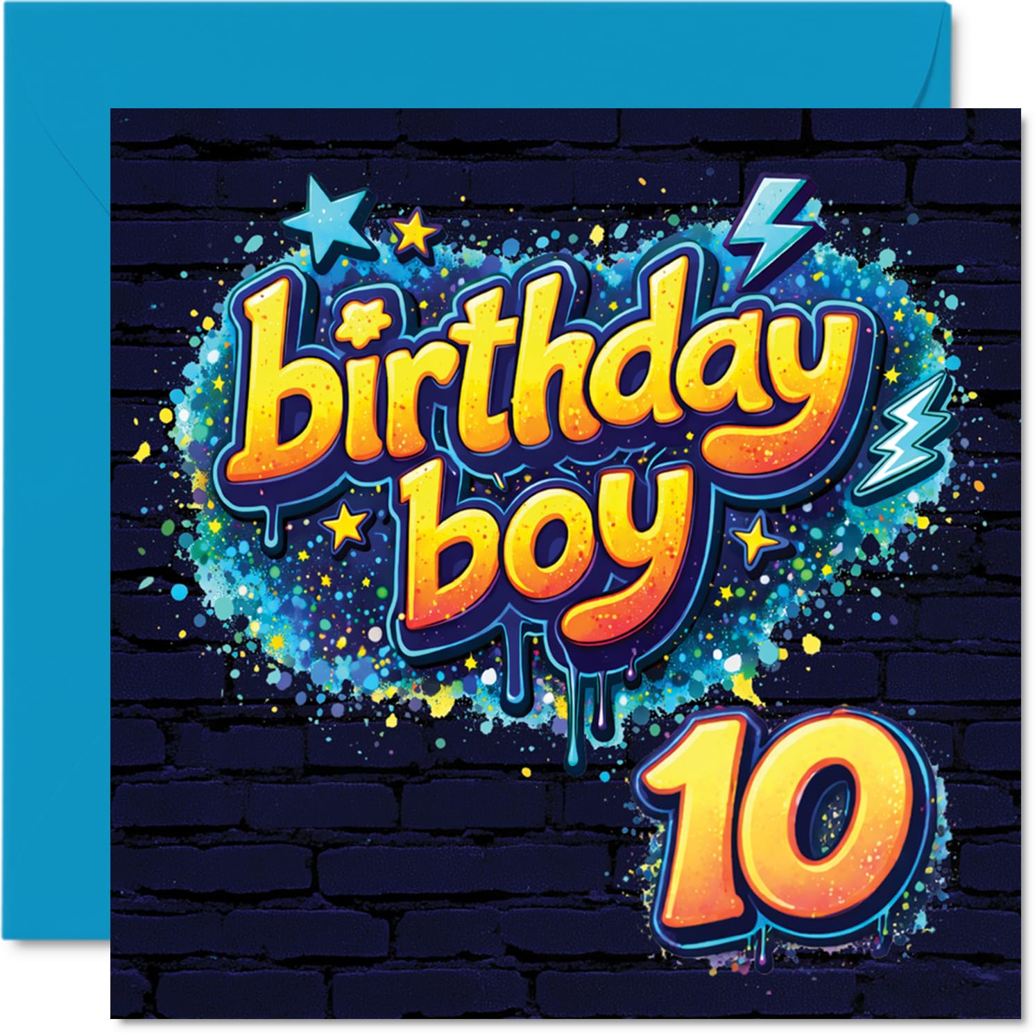Playful 10th Birthday Card - Bursting with Birthday Energy - Graffiti-style 'Birthday Boy 10' Design in Bold, Vibrant Colours - 145mm Square, Envelope Included
