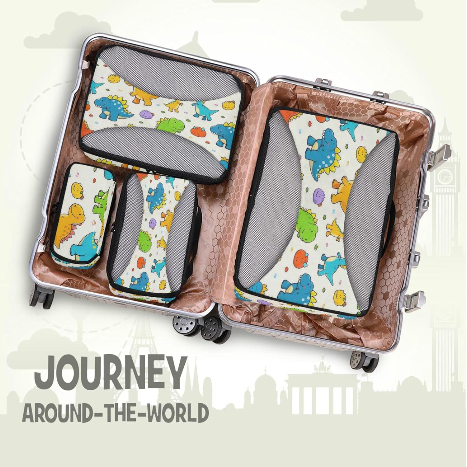 Beige Cute Dinosaur 4 Pcs set organizer for luggage Mesh Travel Essentials lightweight packing cubes compression