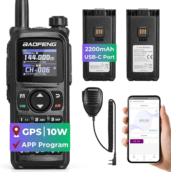 BAOFENG UV-28 Plus Ham Radio Handheld with GPS & APP Programming, 10W Long Range Dual Band Two Way Radio, FM Aviation NOAA Receiver, Frequency Copy, 1000CHs 【Dual 2200mAh Batteries+Speaker Mic】