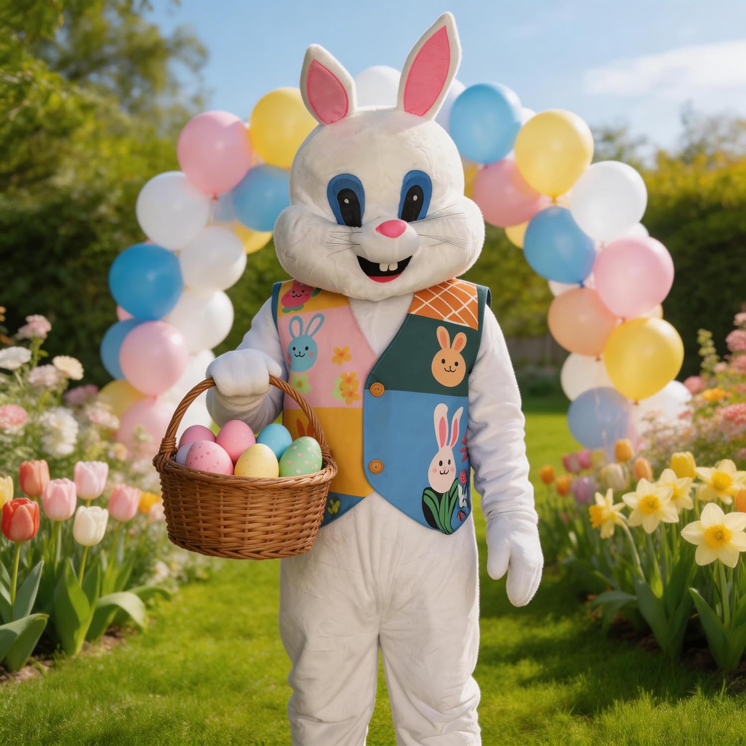 Easter Bunny Mascot Costume Blue Vest Unisex Deluxe Rabbit Costume Party Adult Size Fancy Dress