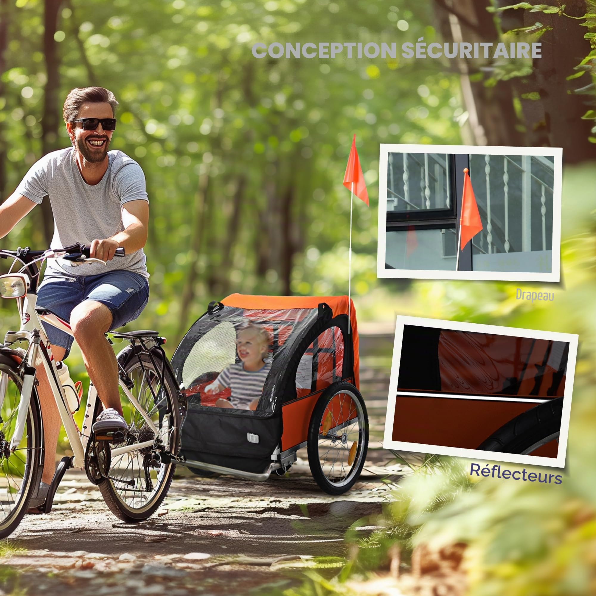 HOMCOM Remorque vélo pour enfants avec 2 sièges, 2 ceintures de sécurité, cadre en acier et housse en textile Oxford Orange