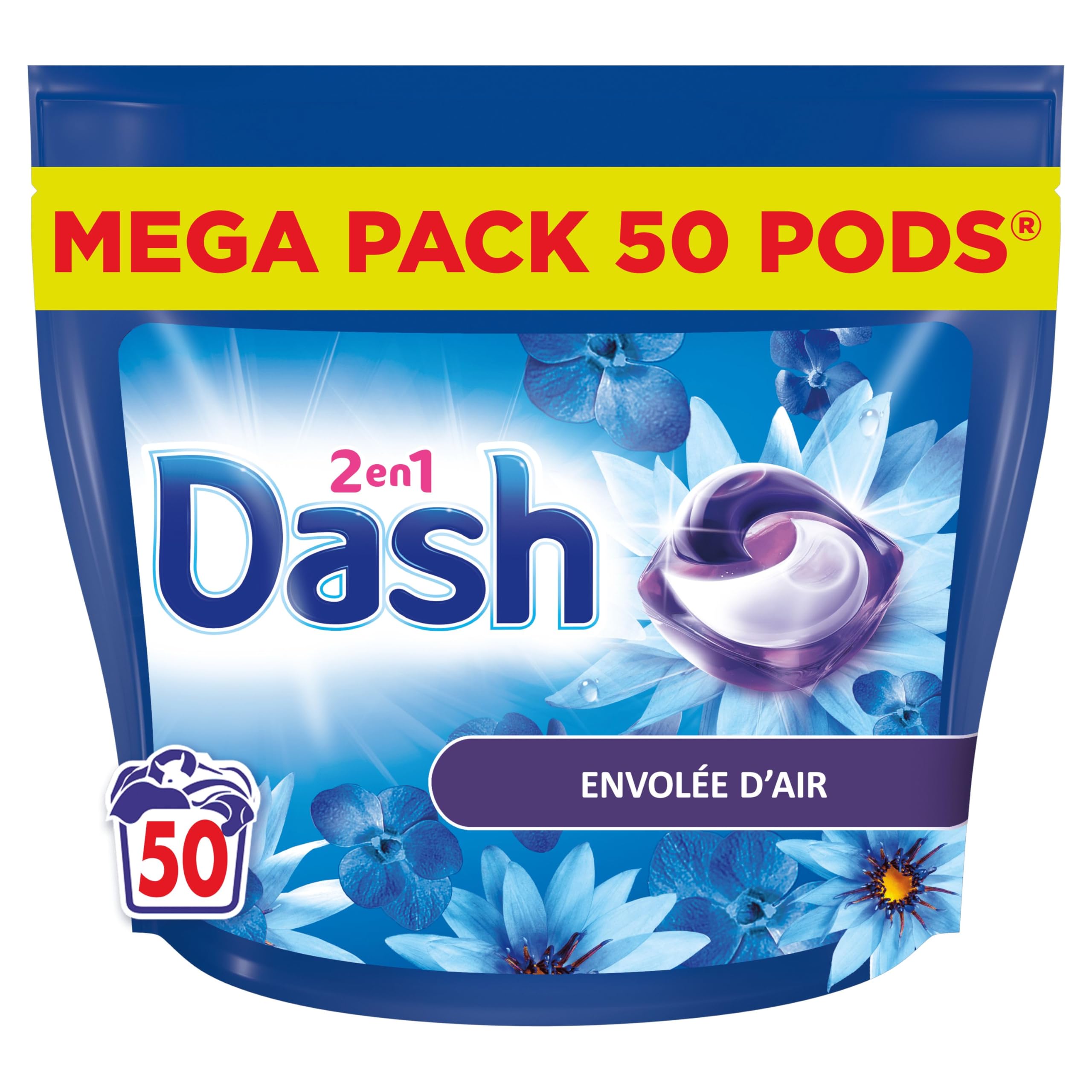 Dash 2-en-1 PODS Lessive Capsules, 50 Lavages, Envolée D’Air, Ultra Nettoyant Et Fraîcheur Longue Durée, Élimine Les Saletés et Taches Incrustées, Fabriqué en France