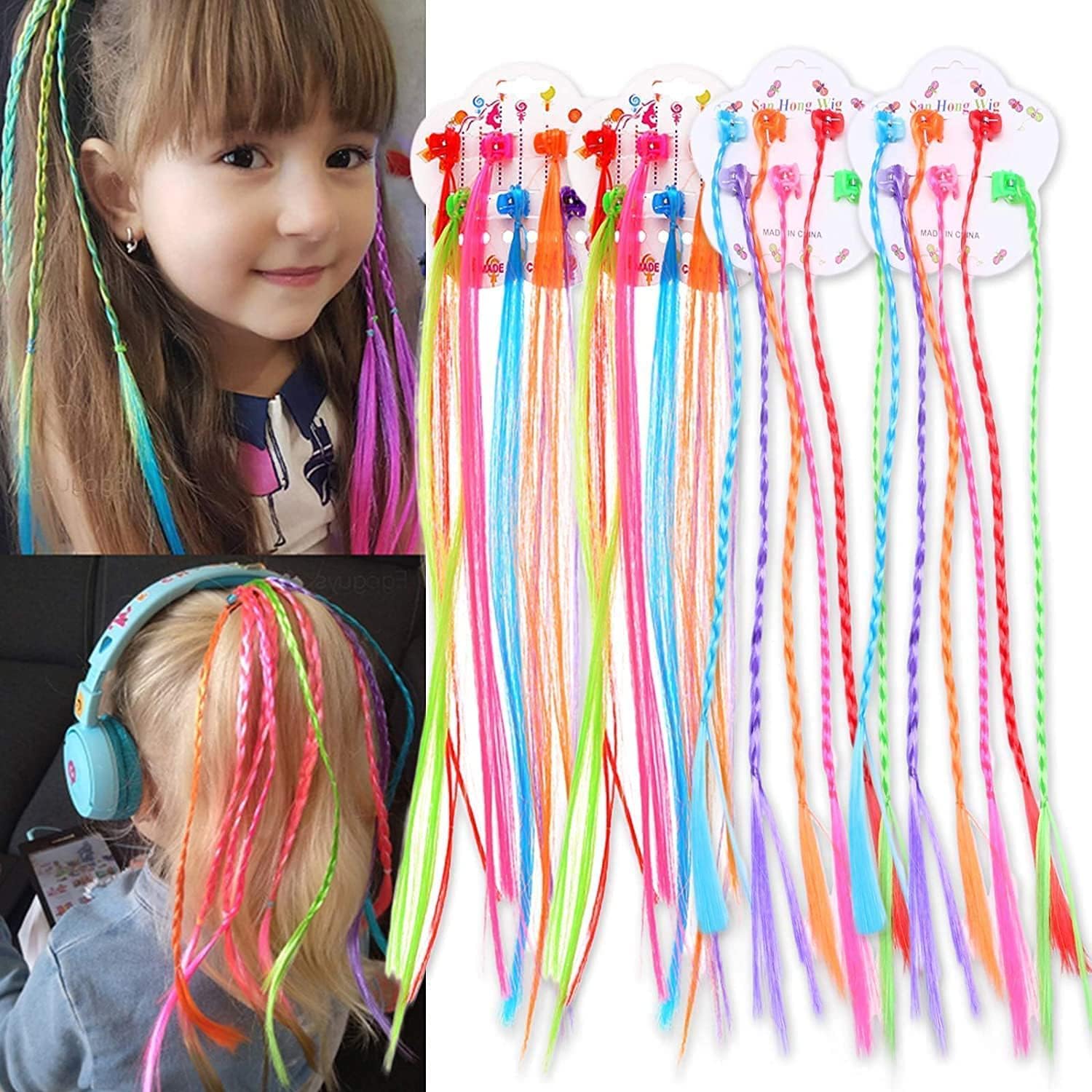 Yanmcxly 24Pcs Girls Hair Extensions with Hair Clips, Clip-on Rainbow Neon Braid Hair Extensions for Girls Hair Decoration Birthday Party Good for Children's Show