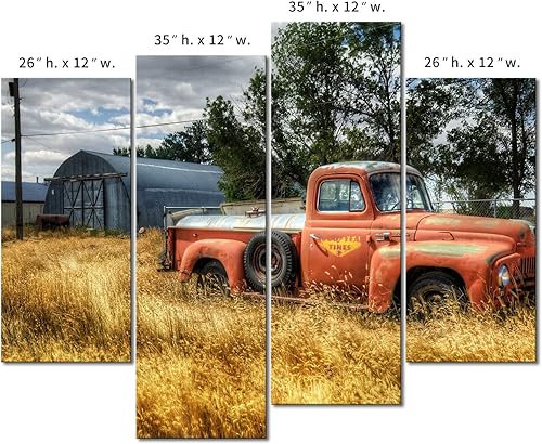 Miniatura 7 de Arte de pared de auto de camión antiguo en rojo y árboles y hierbas secas en el campo, pintura de imágenes impresas en lienzo La imagen para