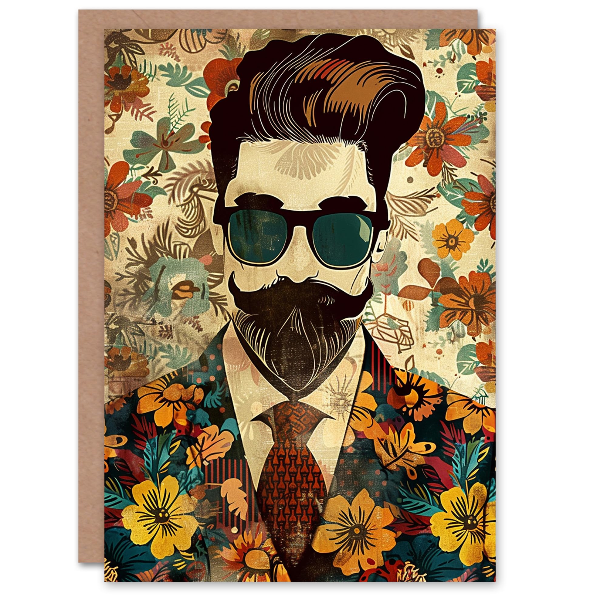 Artery8 Birthday Card Dapper Hipster Man Floral Suit Portrait For Him Man Male Dad Brother Son Papa Grandad Greeting Card