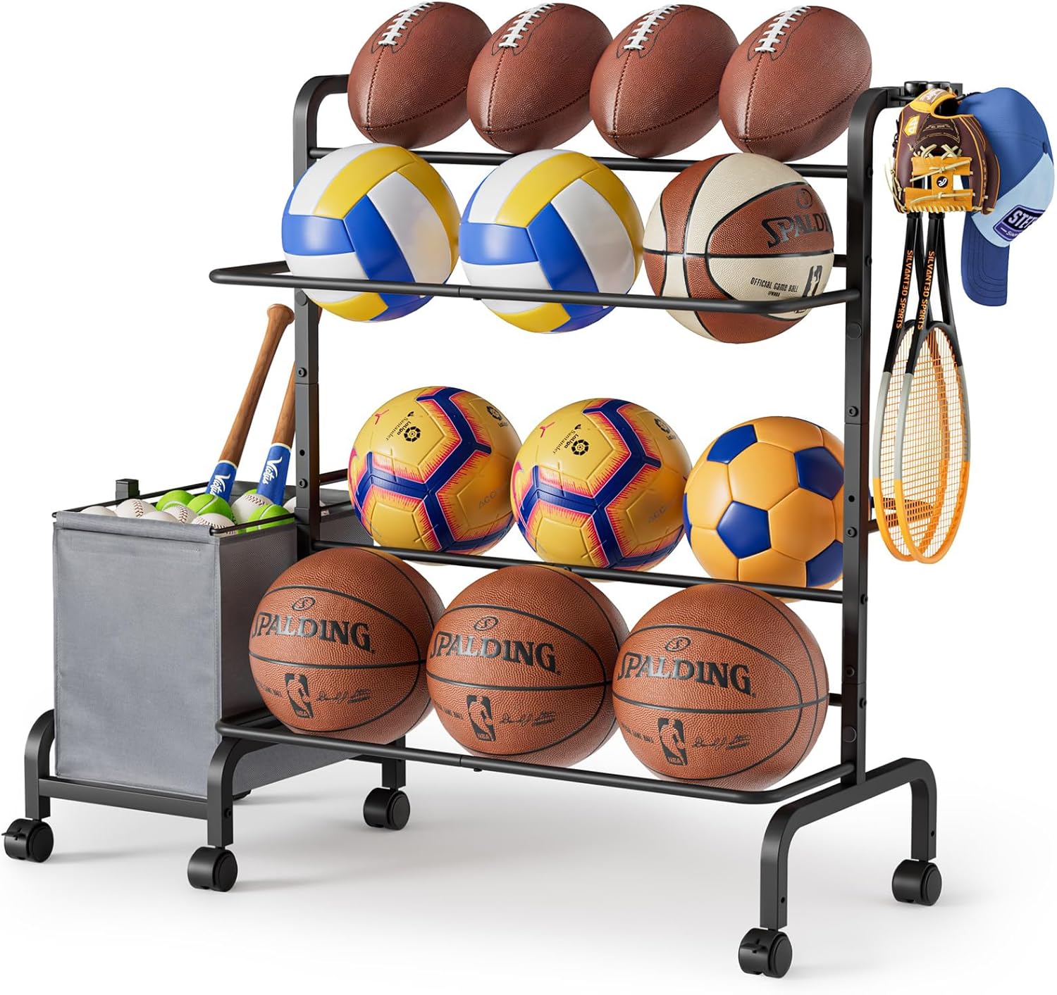 Ball Storage Rack, Adjustable Basketball Holder Display...
