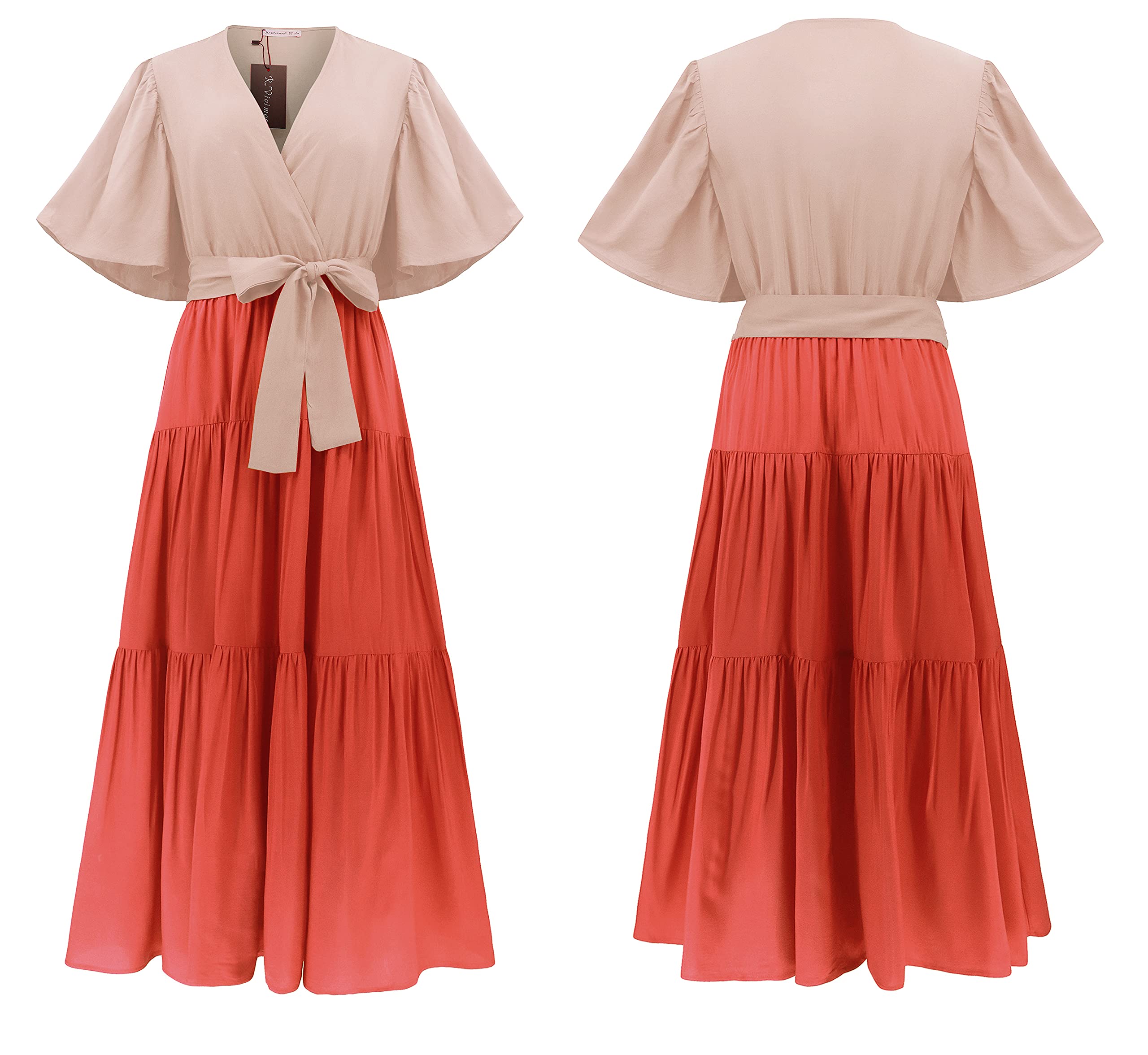 R.Vivimos Summer Dress for Women Cotton Ruffle Short Sleeves V Neck Casual Flowy Midi Dress with Belt