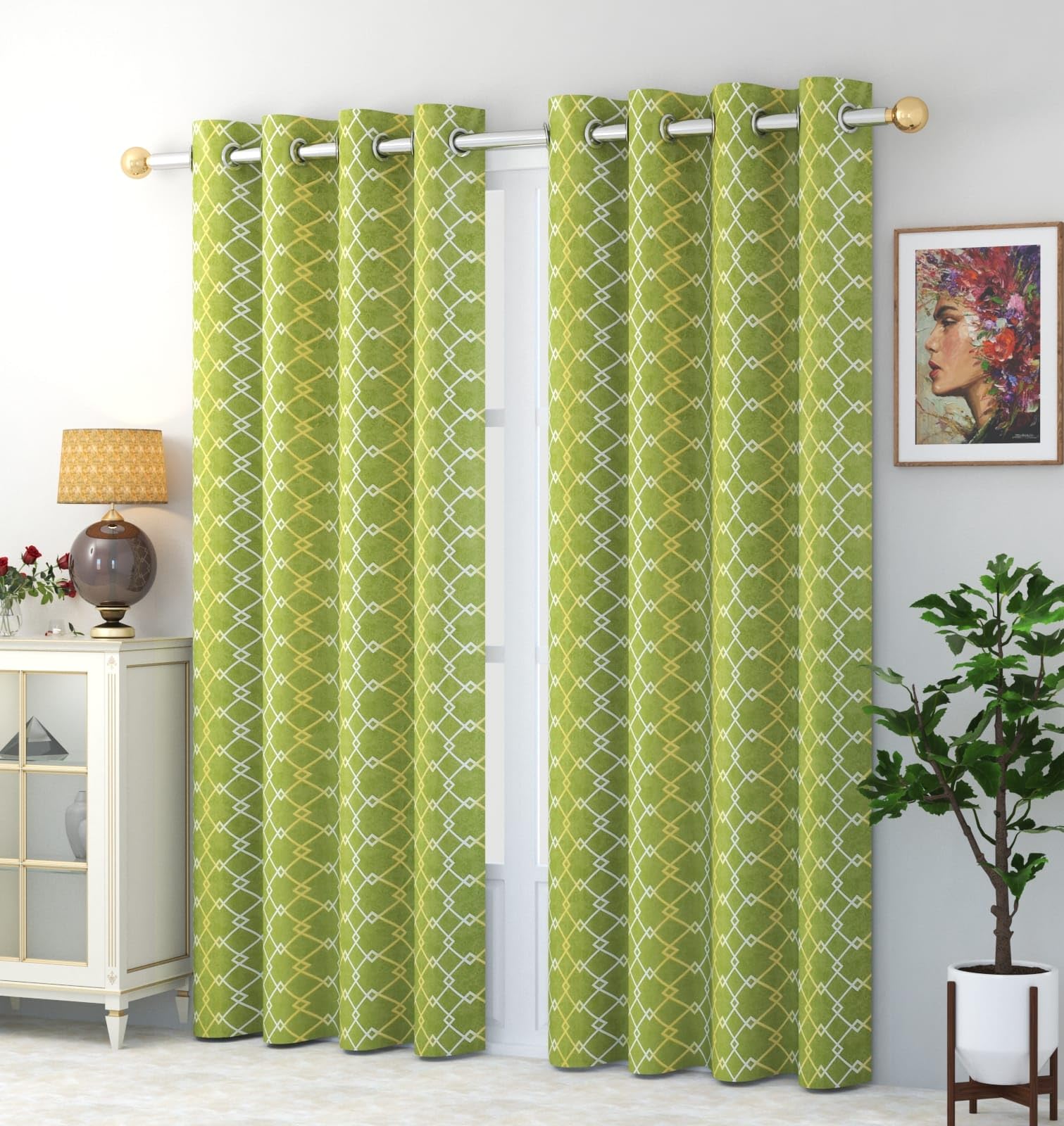 WO FLORA Latest Check Pattern Long Door Curtains for Living Room | Drawing Room Parde | Curtain Panel for Window, Green Color 9 Feet 2 Pcs Set Curtains