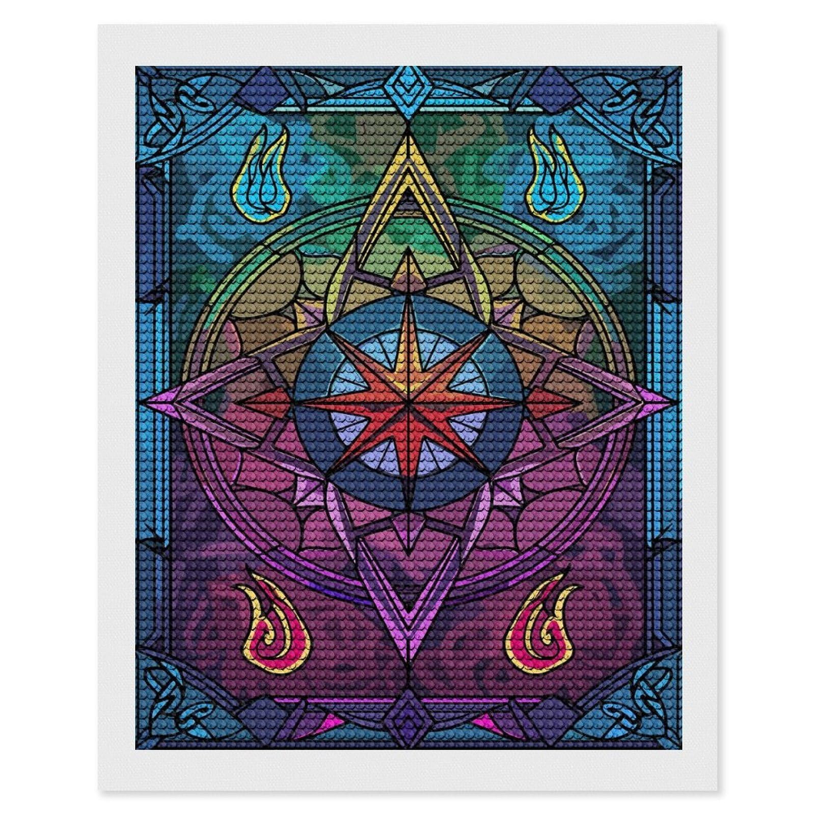 Junmoney Stained Glass Compass Rose with Flames Diamond Painting Canvas Kit 16"x20", Adhesive Canvas, Living Room Decor, Farmhouse Decor, Winter Craft