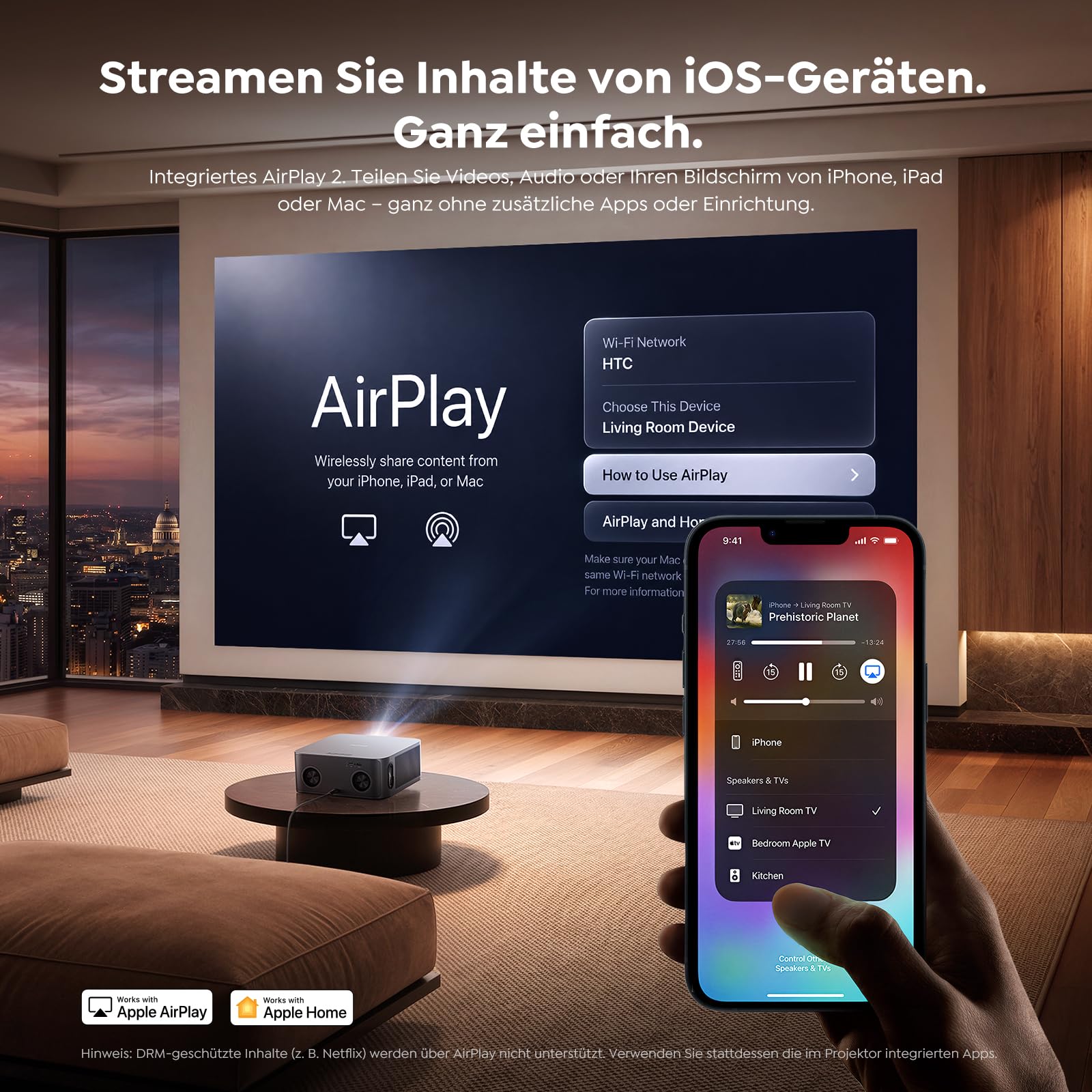 Beamer 4K VIDAA OS Dolby Audio HDR10 2000ANSI Smart Projektor Autofokus Trapezkorrektur WLAN Bluetooth