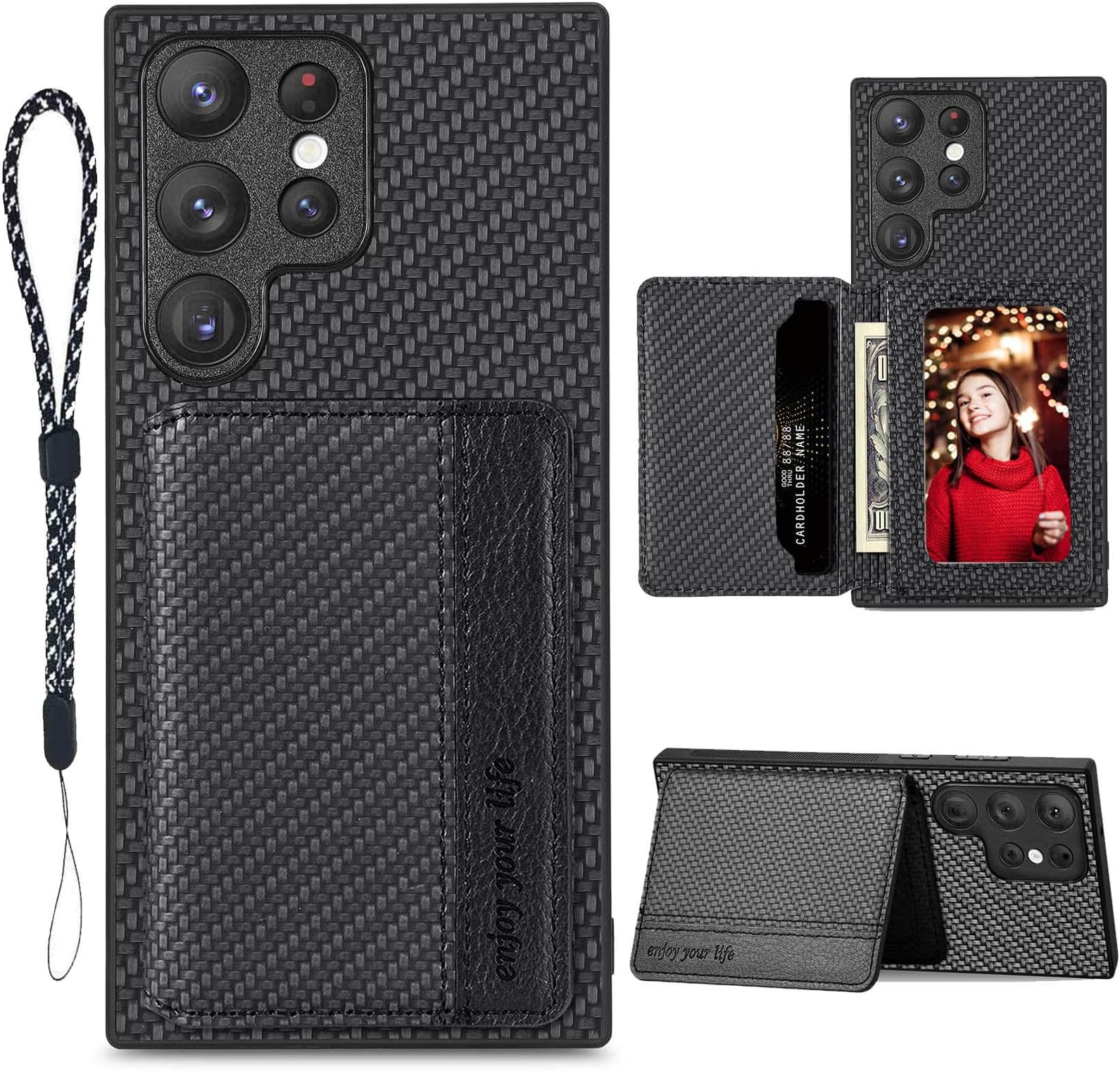 JanCalm for Samsung Galaxy S23 Ultra Case Card Holder, RFID Blocking, Kickstand, Camera Protector, PU Leather Shockproof Protective Flip Cover Phone Case (Black)