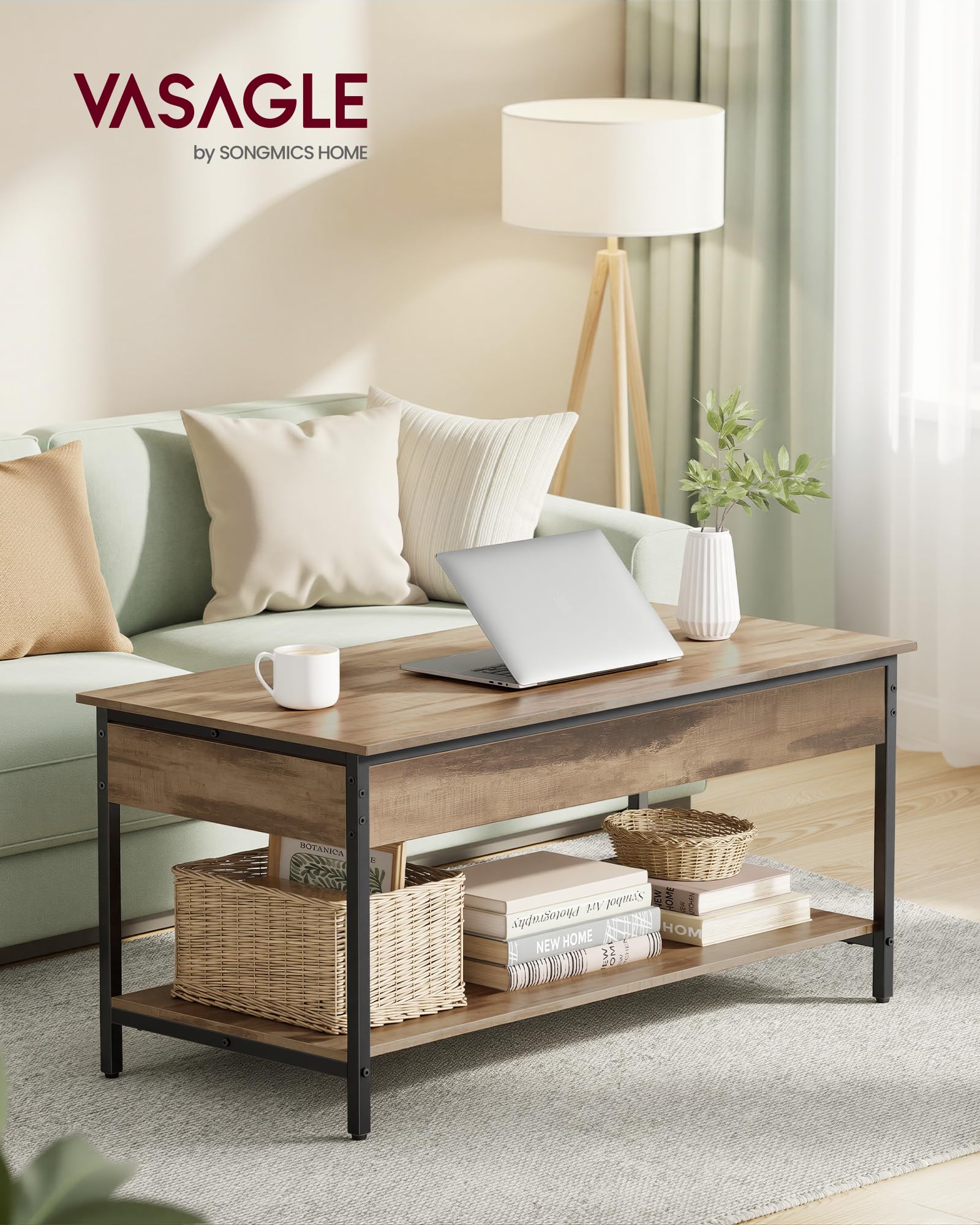 VASAGLE Table Basse Relevable, Table de Salon, avec Rangement Ouvert et Compartiments Cachés, 50 x 100 cm, Marron Camel et Noir d’Encre LCT261LB02