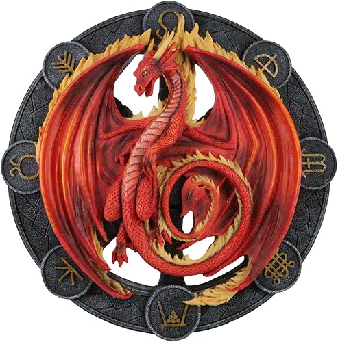 Ebros Gift Wicca Neo Paganism Sabbats Rueda del Año Fantasía Dragón con símbolos sagrados Decoración de pared Escultura por Anne Stokes Dragons