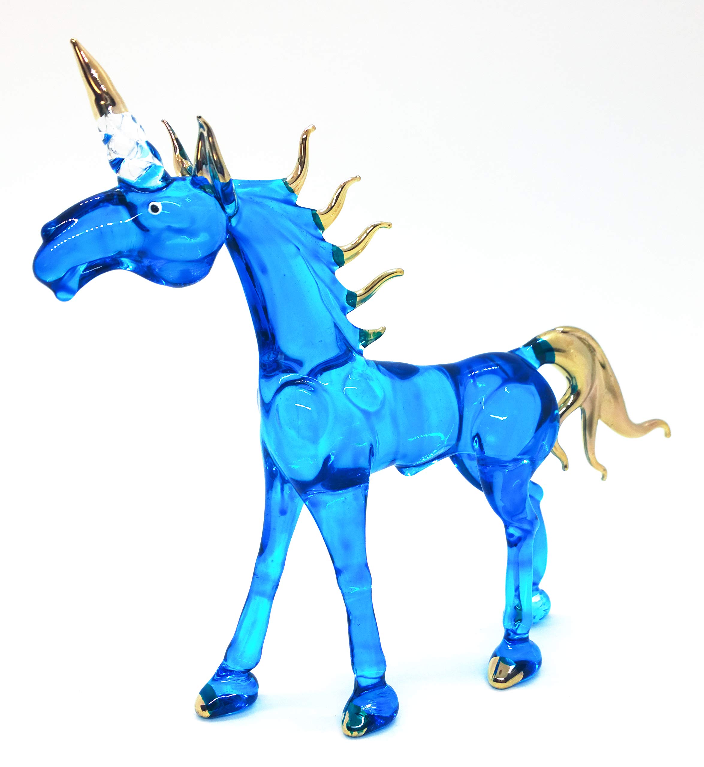 WitnyStore6⅜" Long Standing Blue Unicorn Figurine - Miniature Hand Blown Glass Pegasus Alicorn Alaricorn Fantasy Horse Mythical Creature Crystal Animals Decorative Collectible Figurines Décor Gifts
