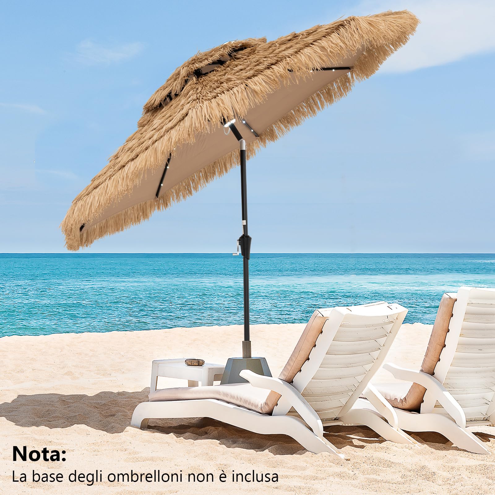 COSTWAY Ombrellone di Paglia in PP 270 cm, con 32 Luci LED, Manovella, Inclinazione Regolabile, Ombrellone Hawaiano da Spiaggia con 8 Stecche (270 cm/32 Luci)