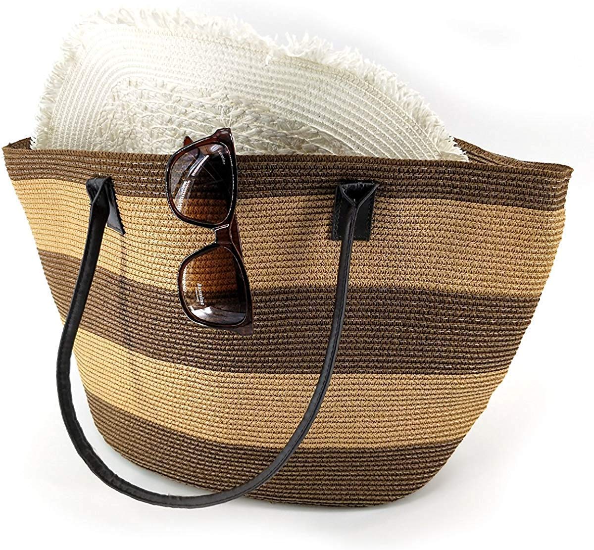 We WeLarge Beach bags for Women Canvas Straw Beach Bag Totes Waterproof Shoulder Bag Handbag for Travel Gym Swim