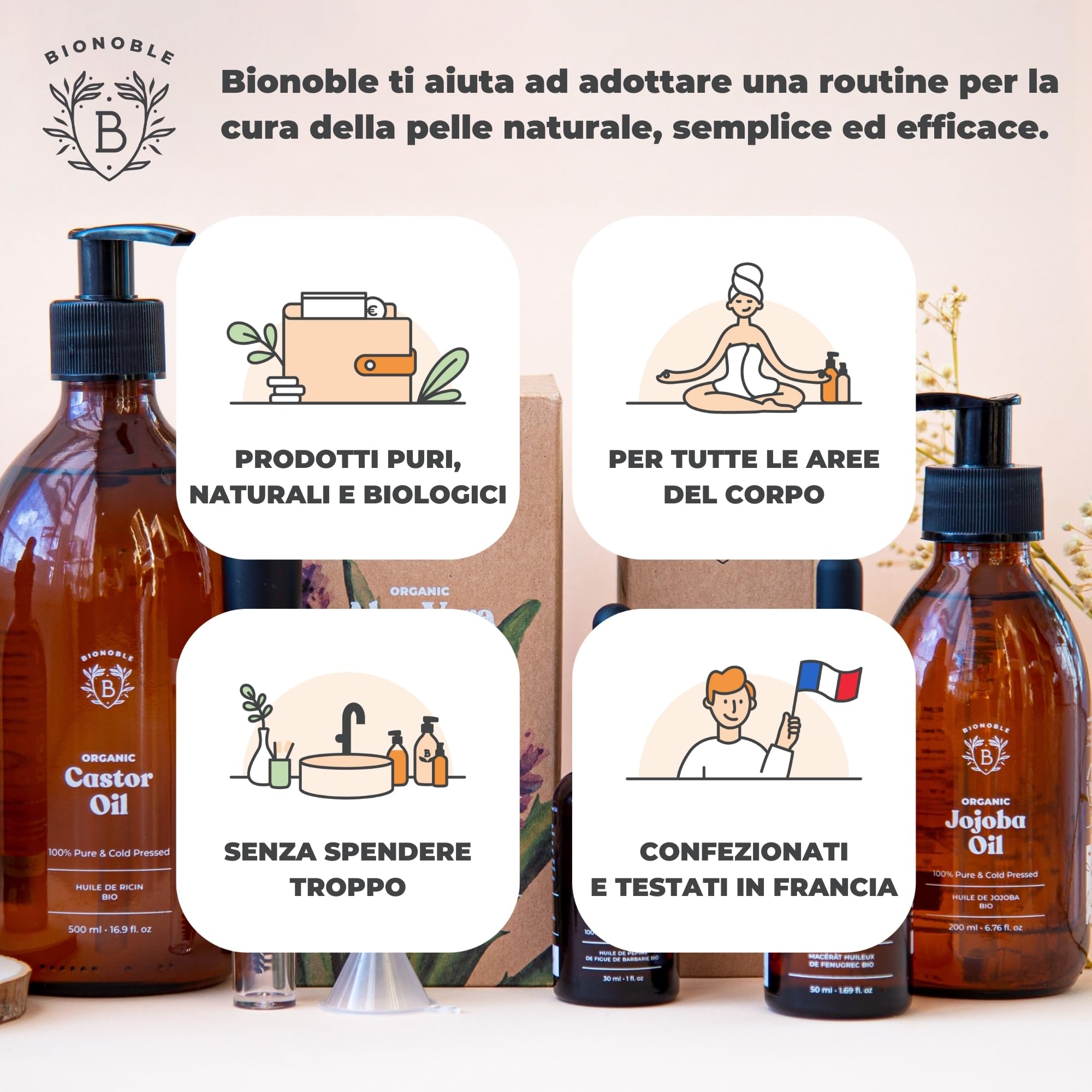 BIONOBLE Confezione Regalo Donna Bio - Olio Ricino, Argan, Jojoba - 3x100ml | 100% Naturale e Bio - Kit Bellezza Viso, Corpo, Capelli - Skin Care Donna - Cofanetto Regalo Donna Beauty - Bottiglie Vetro