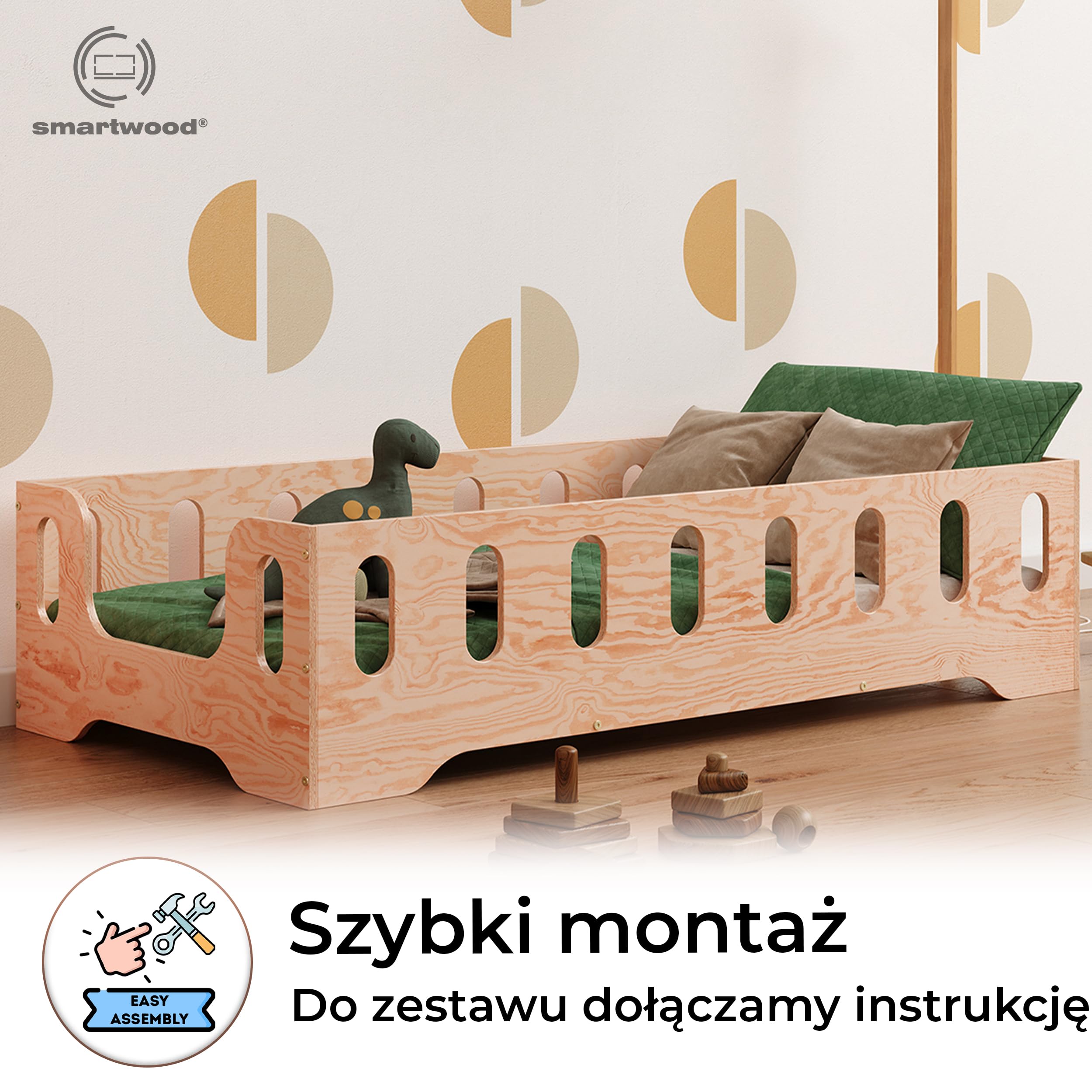 smartwood Łóżko podłogowe 60x120 z barierką, Drewno, Naturalne, TILA 2B | Łóżko dziecięce Montessori, nośność stelaża do 230 kg, certyfikowane FSC, zaokrąglone krawędzie, łatwy montaż, od 3 lat