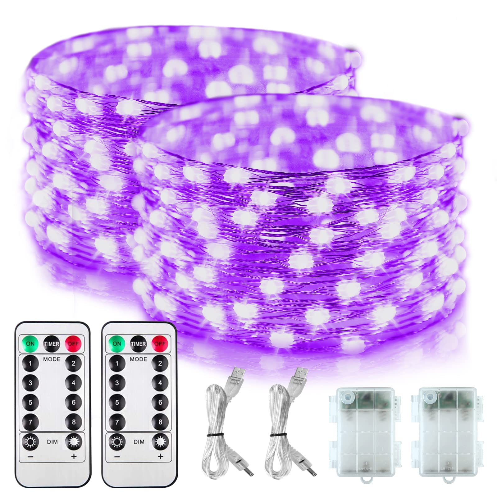 OMIKA 2 Pack Battery Operated UV Blacklight, 16.4ft 2835 LED UV Lamp Beads 8 Modes Flexible Black Lights Fixtures Fairy String Lights with Remote for Fluorescent Party Stage Body Paint Halloween Décor