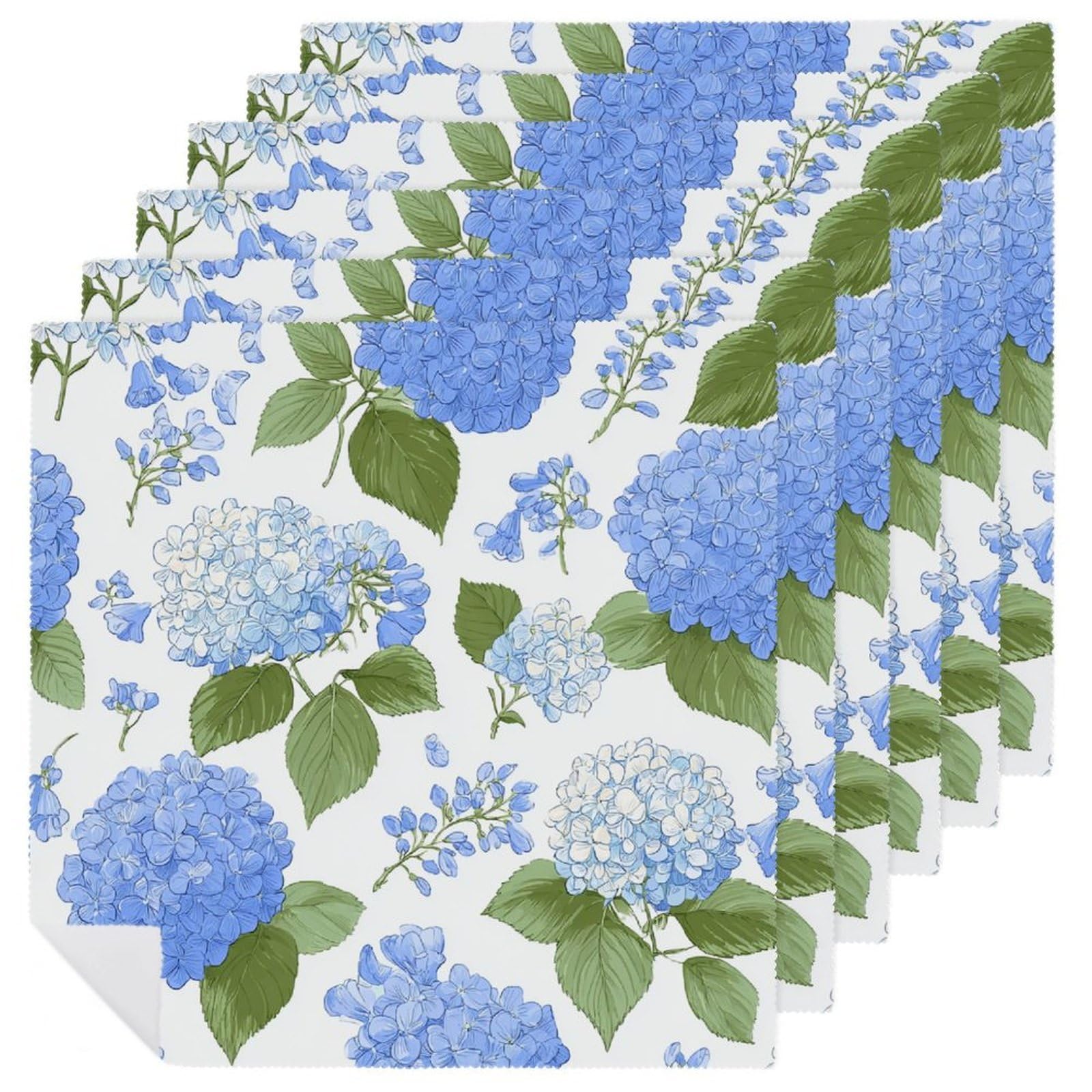 Light Blue Floral Hydrangea Flowers Cloth Napkins Set of 6, Square Premium Reusable Washable Polyester Table Linen Napkin for Dinner Party