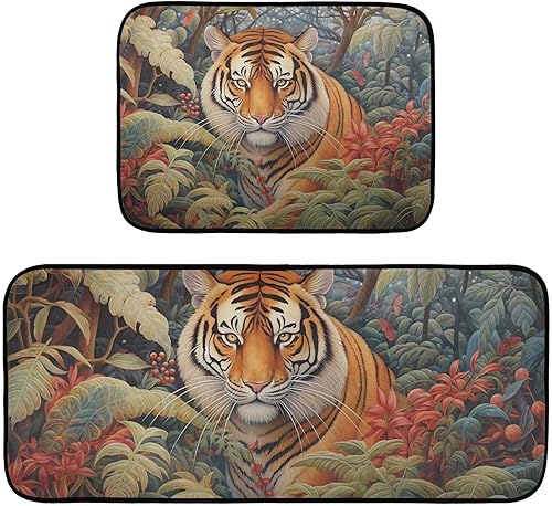 Vintage Tiger in Jungle Kitchen Mat 2 Pcs Set, Low Pile Kitchen Rugs Cushioned Water Absorbent Washable Floor Mats for Kitchen Sink Laundry Room