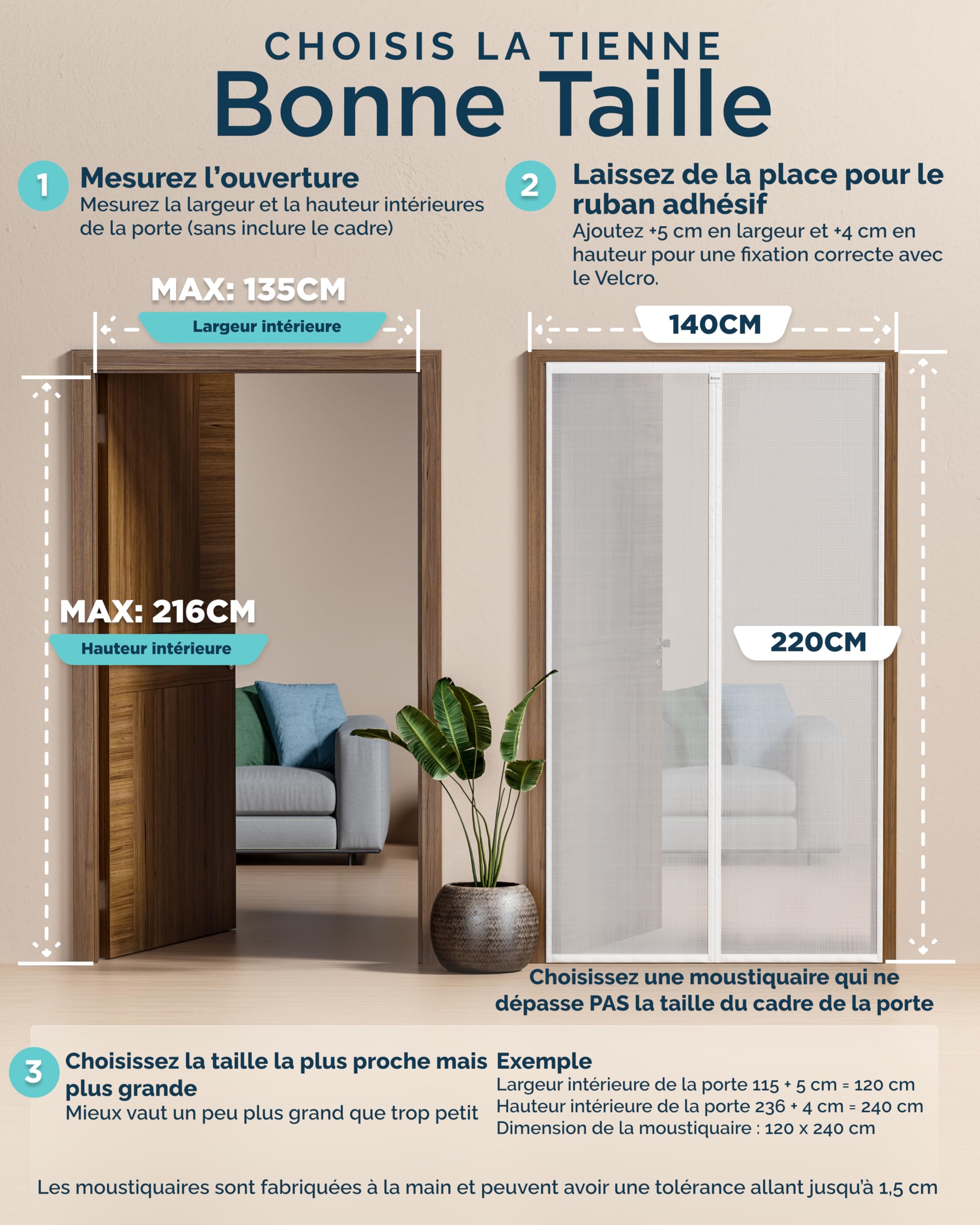 ARCOL Moustiquaire Porte Magnétique 140x220 cm en Fibre de Verre – Stop Moustiques en 3 min, Maille Ultra-Fine, Fermeture Auto Aimants & Lest, Bande Auto-Agrippante Large (Blanc)