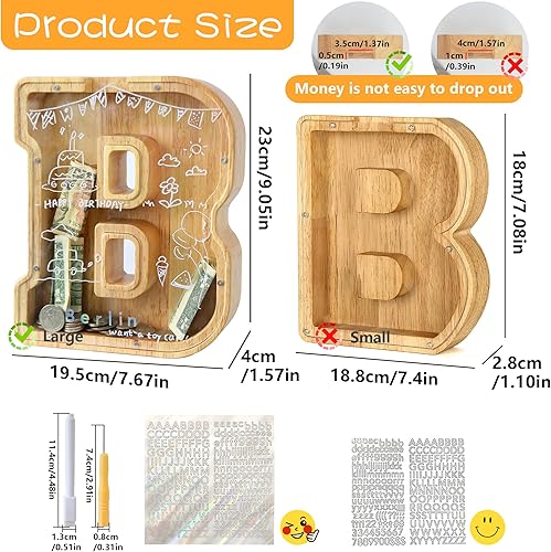 Miniatura 10 de Alcancía de madera grande con letras para niños y niñas, alcancías personalizadas de madera de la A a la Z con área objetivo, alfabeto, bancos de