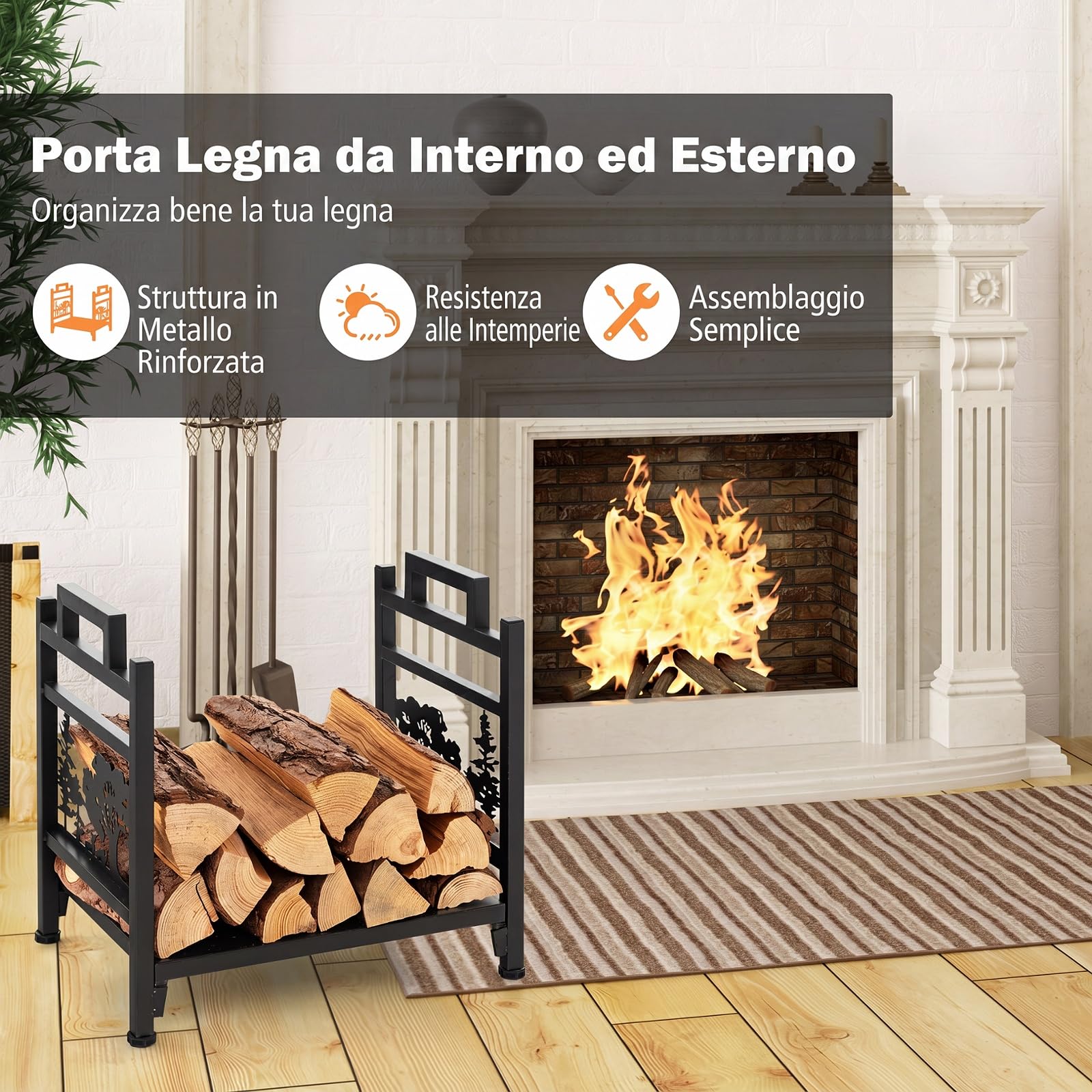 COSTWAY Porta Legna da Interno ed Esterno | Portalegna in Metallo con Ripiano Rialzato e Delicato Disegno, 45 x 33 x 44 cm, Portata 50 kg