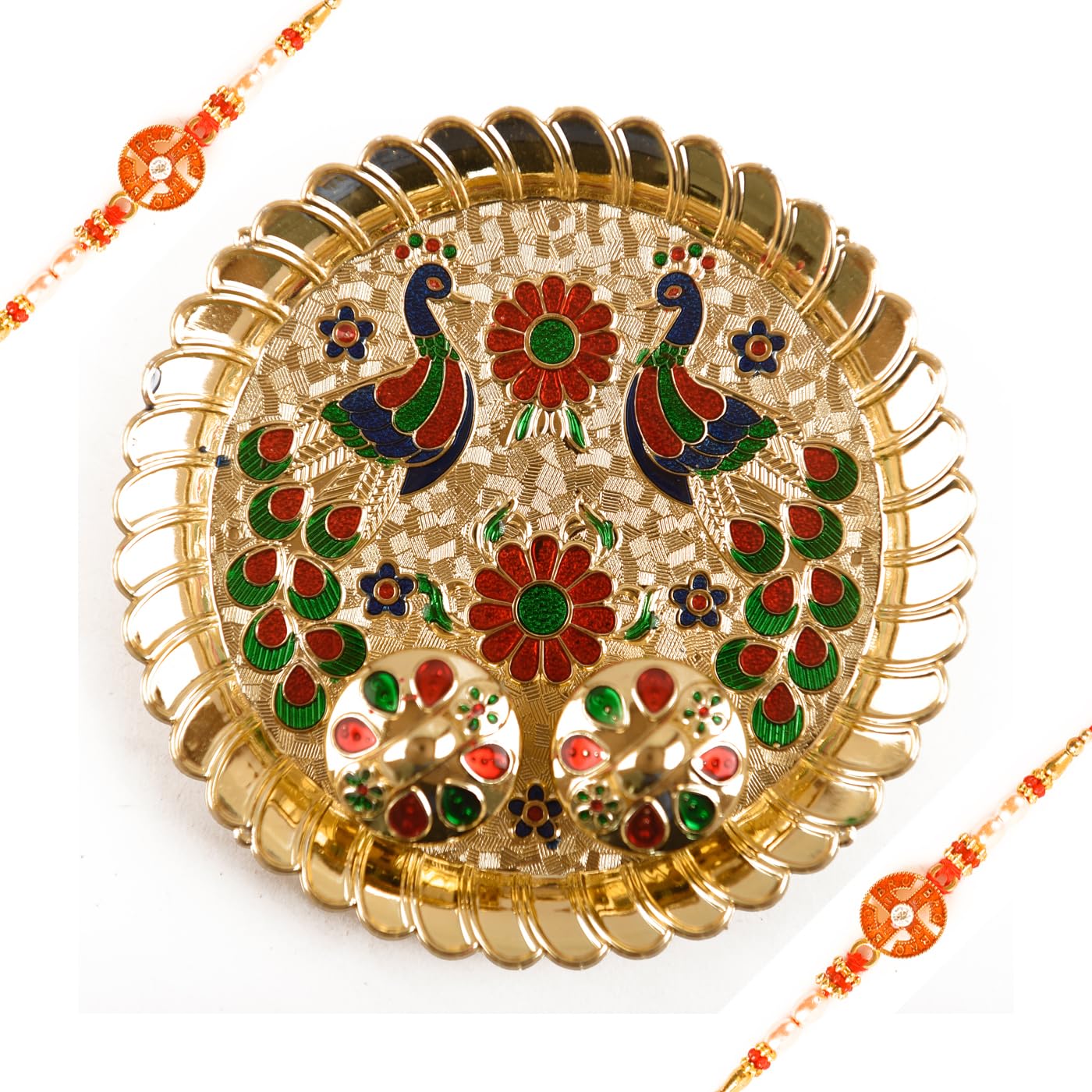Swastikart6 Inch PeacockThali with 2 Closable Kankavati with 2 Red Swastik Brother Rakhi Combo for Twins Brother with Rakshabandhan Greeting Card