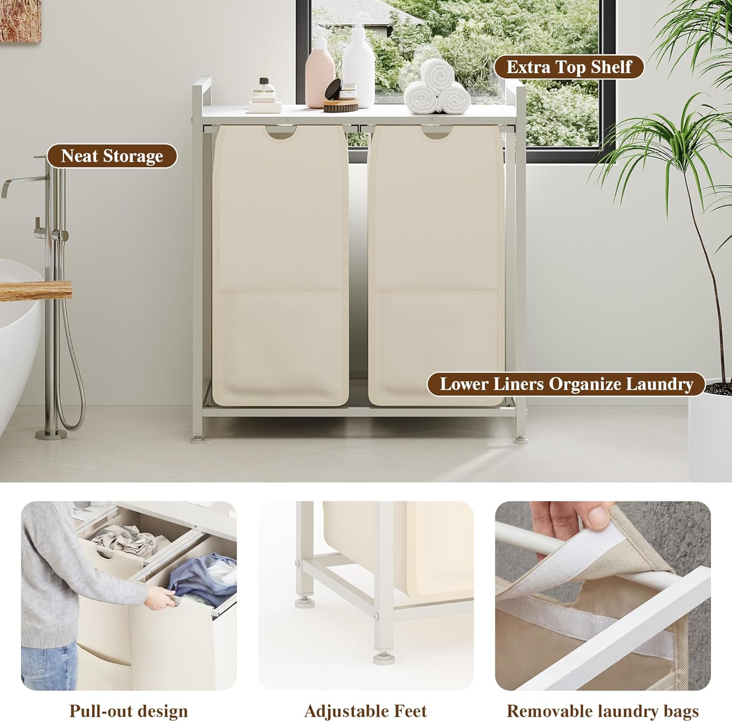 Laundry Sorter, Freestanding White Hamper Basket, 2 Section Organizers and Storage, Pull-Out Fabric Bags, 100lb Capacity MDF Shelf, Metal Frame, 48L Bags, 26.8x13x28.5 Inch