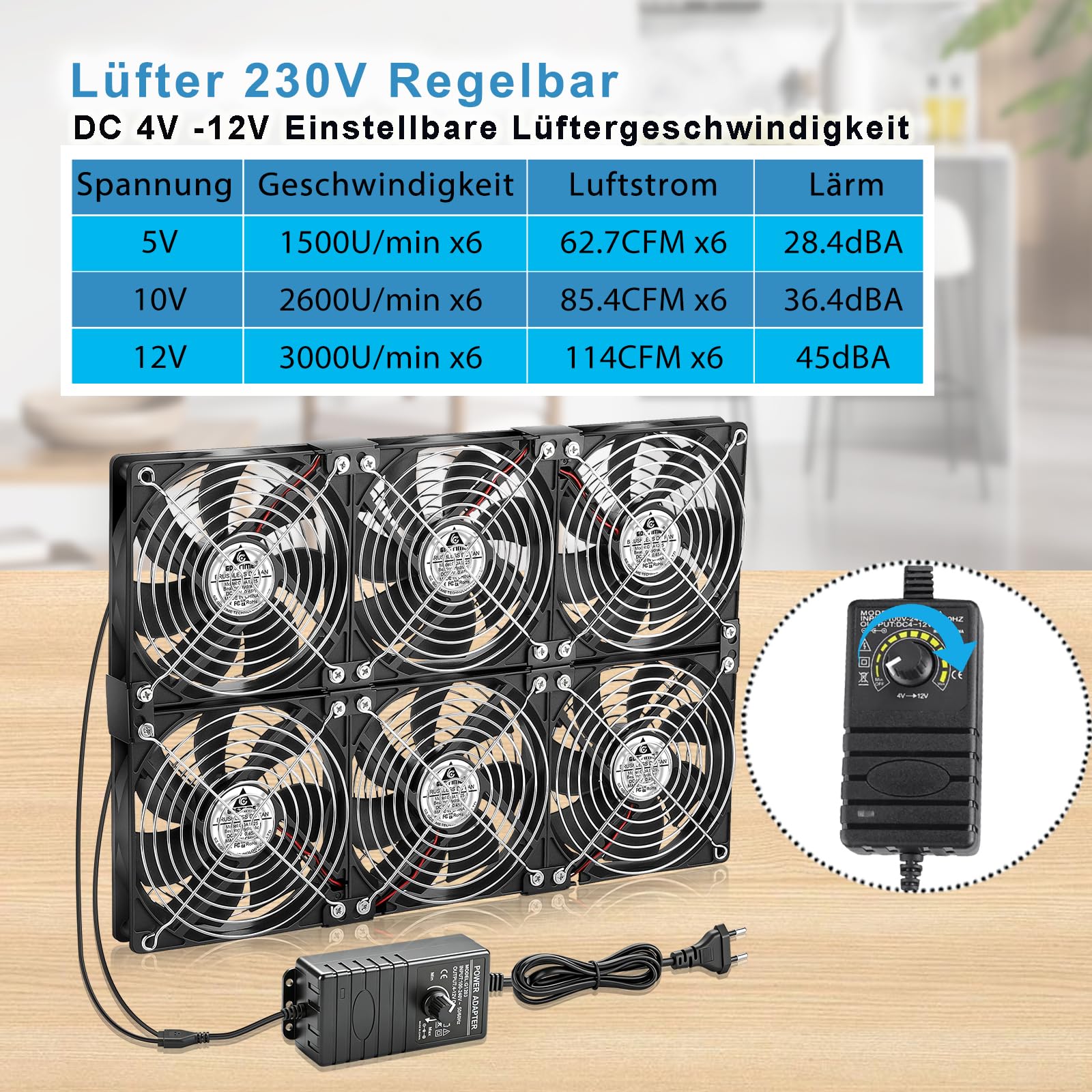 GDSTIME Lot de 6 ventilateurs 120 mm 230 V Dual 360 mm 220 V Ventilateur PC 3000 tr/min CC 4 V-12 V Vitesse réglable pour serveur d'ordinateur Serre