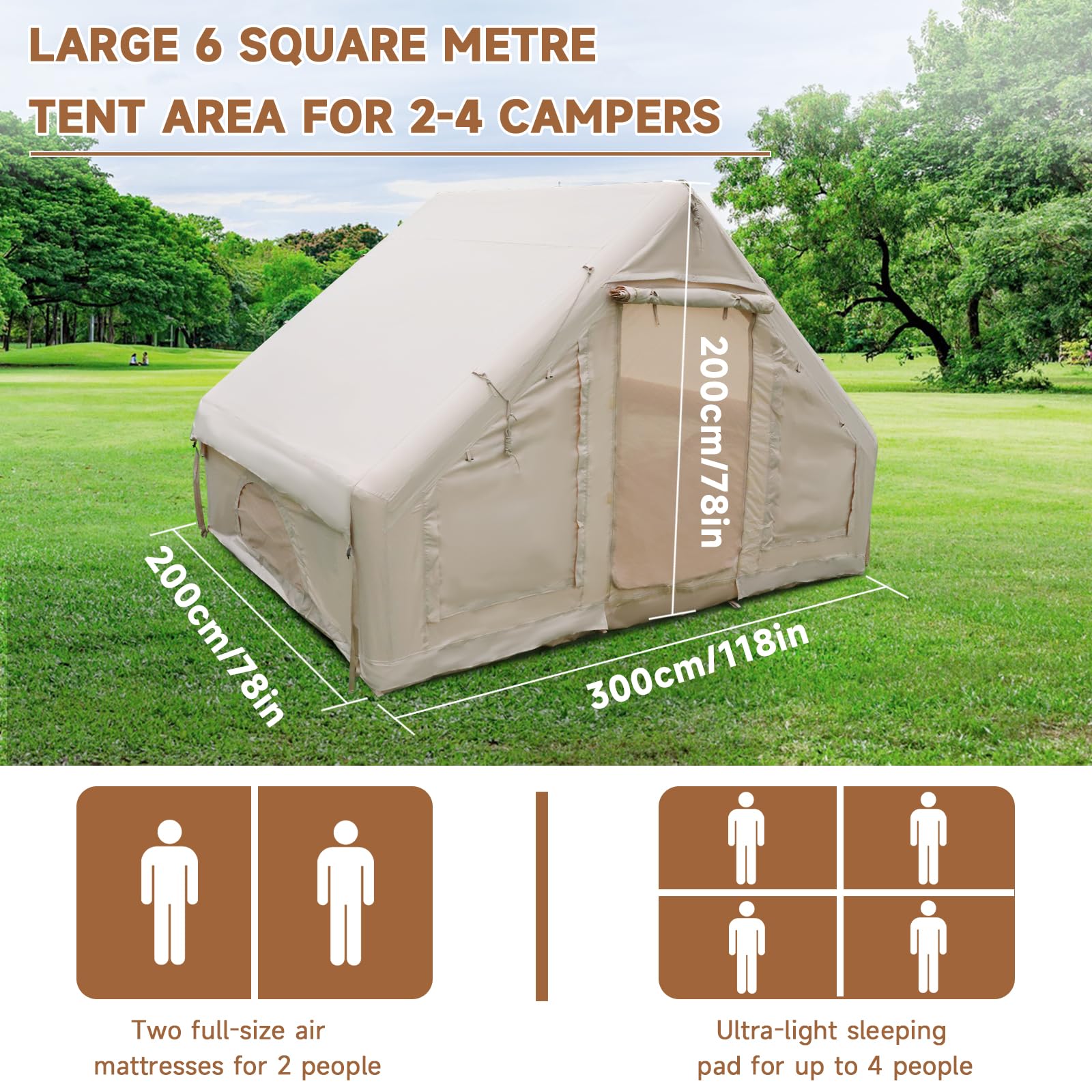 Outdoor Camping Quick Setup Aufblasbares Zelt mit Pumpe, Familie Aufblasbares Zelt mit Fenster und Tür, Pop-Up-Zelt mit Aufbewahrungstasche, 4 Jahreszeiten Wasserdicht Winddicht Großes Luftzelt