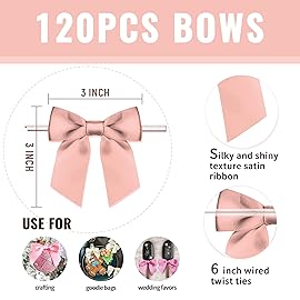 RainbowPana 120 Pack Luxury Twist Tie Bows, Rose Gold 3 Satin Ribbon Pretied Bows, Premade Craft Decoration for Package Cake Pop Basket Favors Cookie Candy, Gift Wrapping Baby Shower Wedding