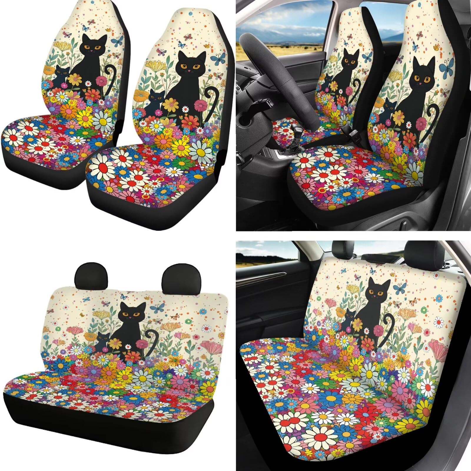 Set completo di coprisedili per auto, 18 pezzi, con stampa di margherite e gatti, include coprisedili per auto, poggiatesta, coprivolante, cintura di sicurezza, cuscinetto per console