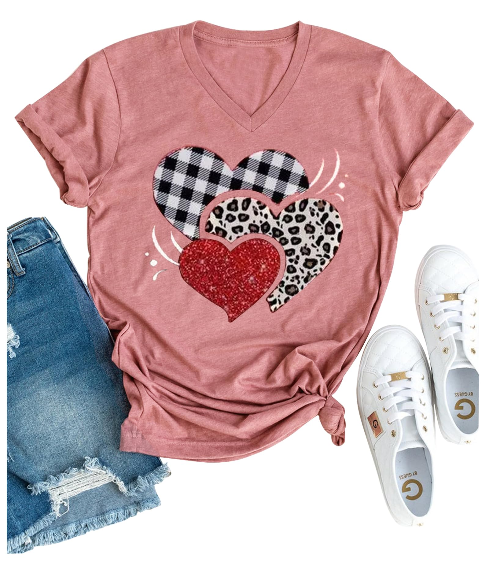 Leopard Plaid Heart T Shirts for Women Valentin's Day Funny Graphic Blouse T-Shirt Vacation Shove Sleeve V Neck Tee Tops(Pink-2,X-Large)