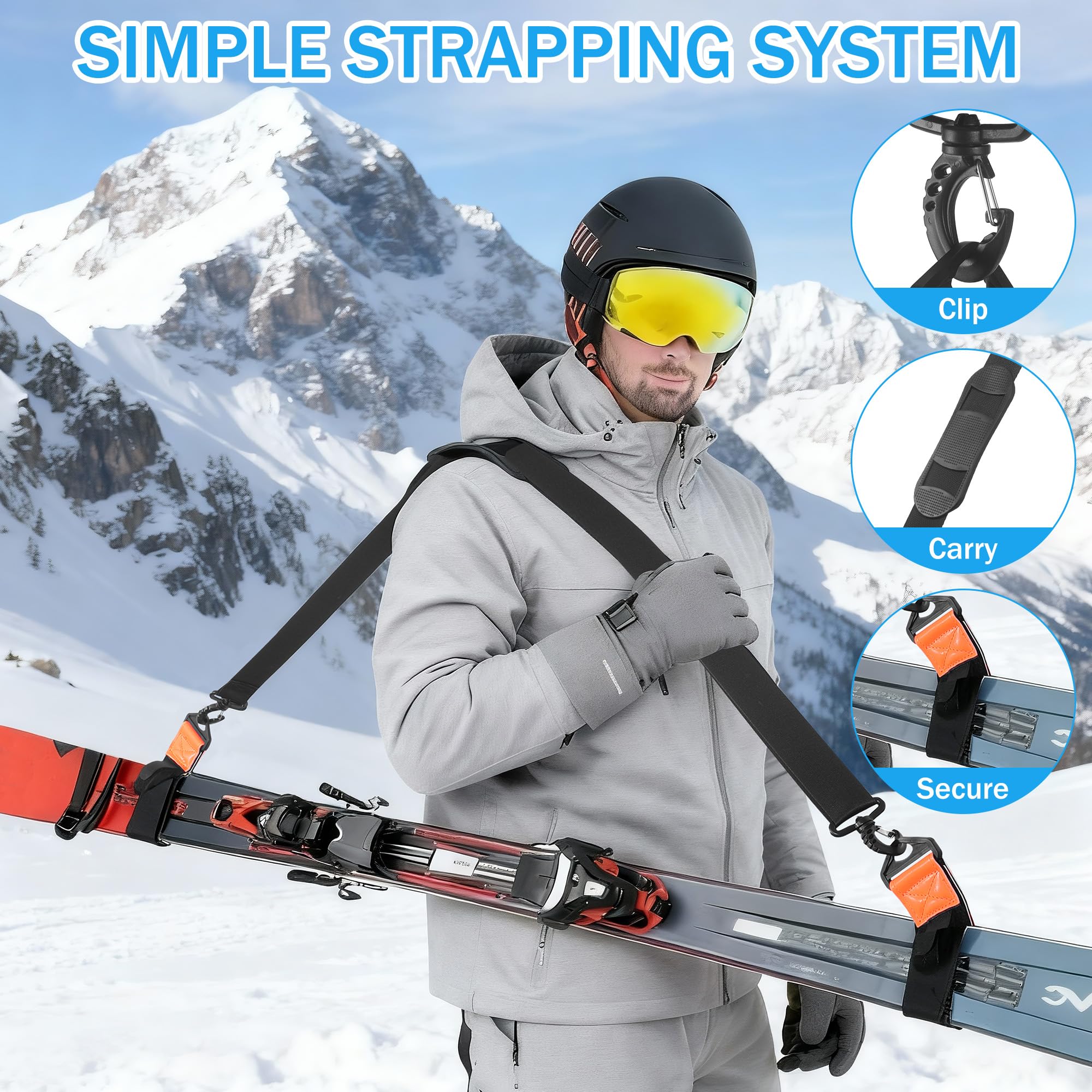 Sangle de Transport pour Skis Réglable 79-130cm, Porte Ski Dorsal avec Bretelle Confort